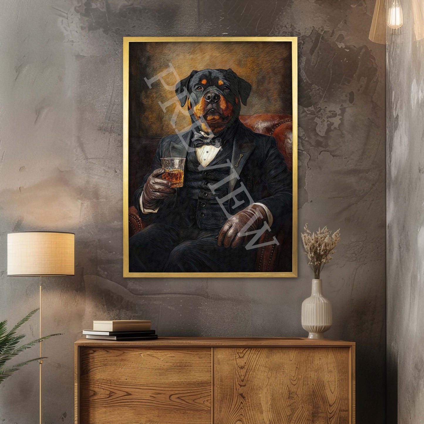 Rottweiler Dog Drinking Whisky Smoking Pipe Wall Art Print Gold Frame - Vintage Panda Designs