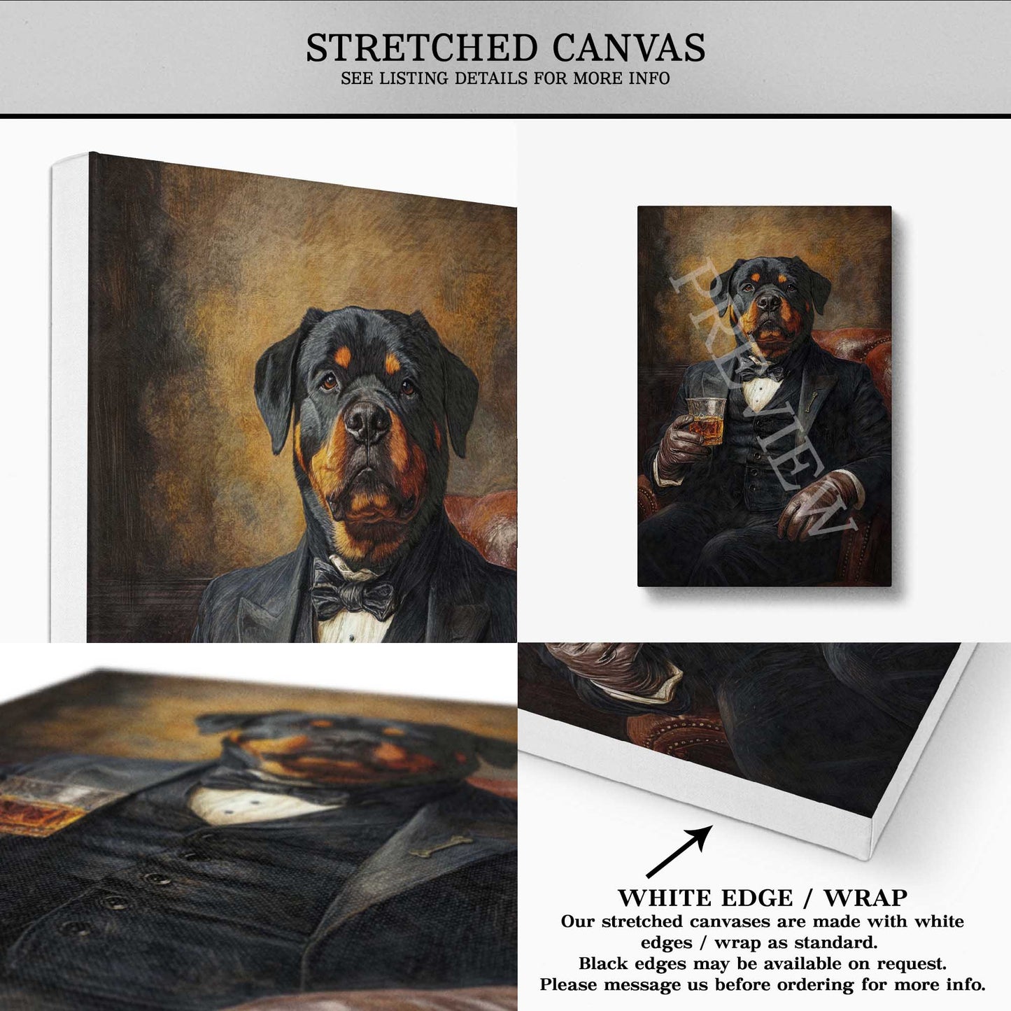 Rottweiler Dog Drinking Whisky Smoking Pipe Wall Art Print Stretched Canvas Vintage Panda Designs