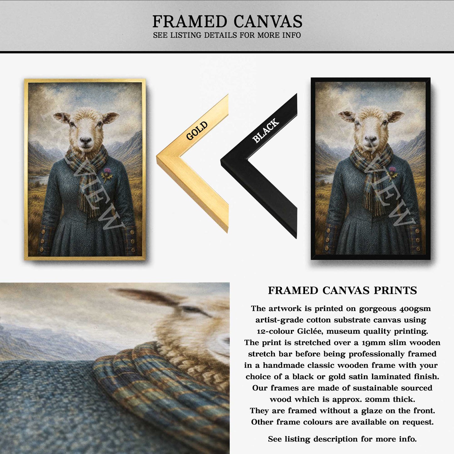Framed canvas prints of a sheep wearing a plaid wood sweater dress with gold, black, and wooden frames.