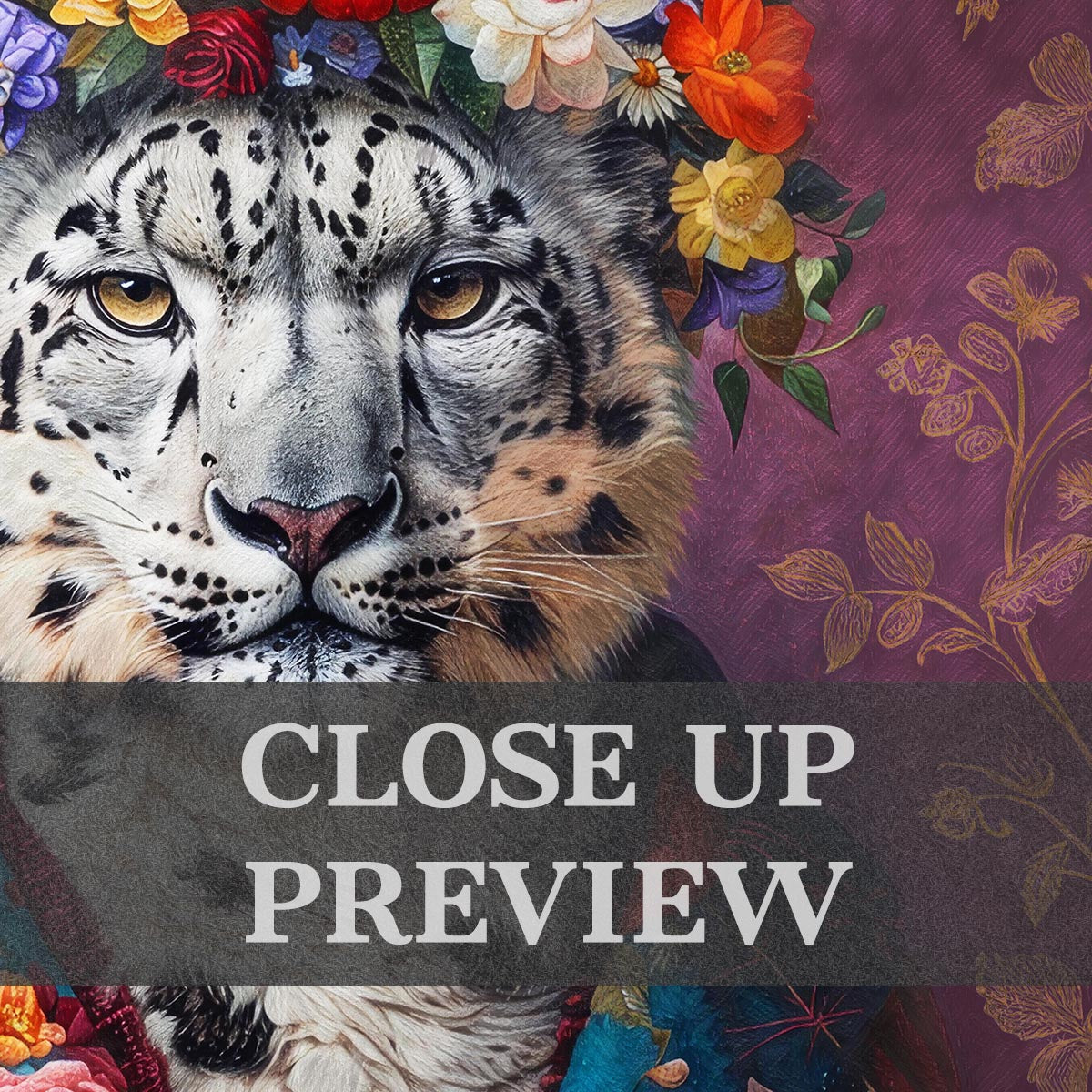 Snow Leopard Floral Maximalist Wall Art Print Close Up by Vintage Panda Designs