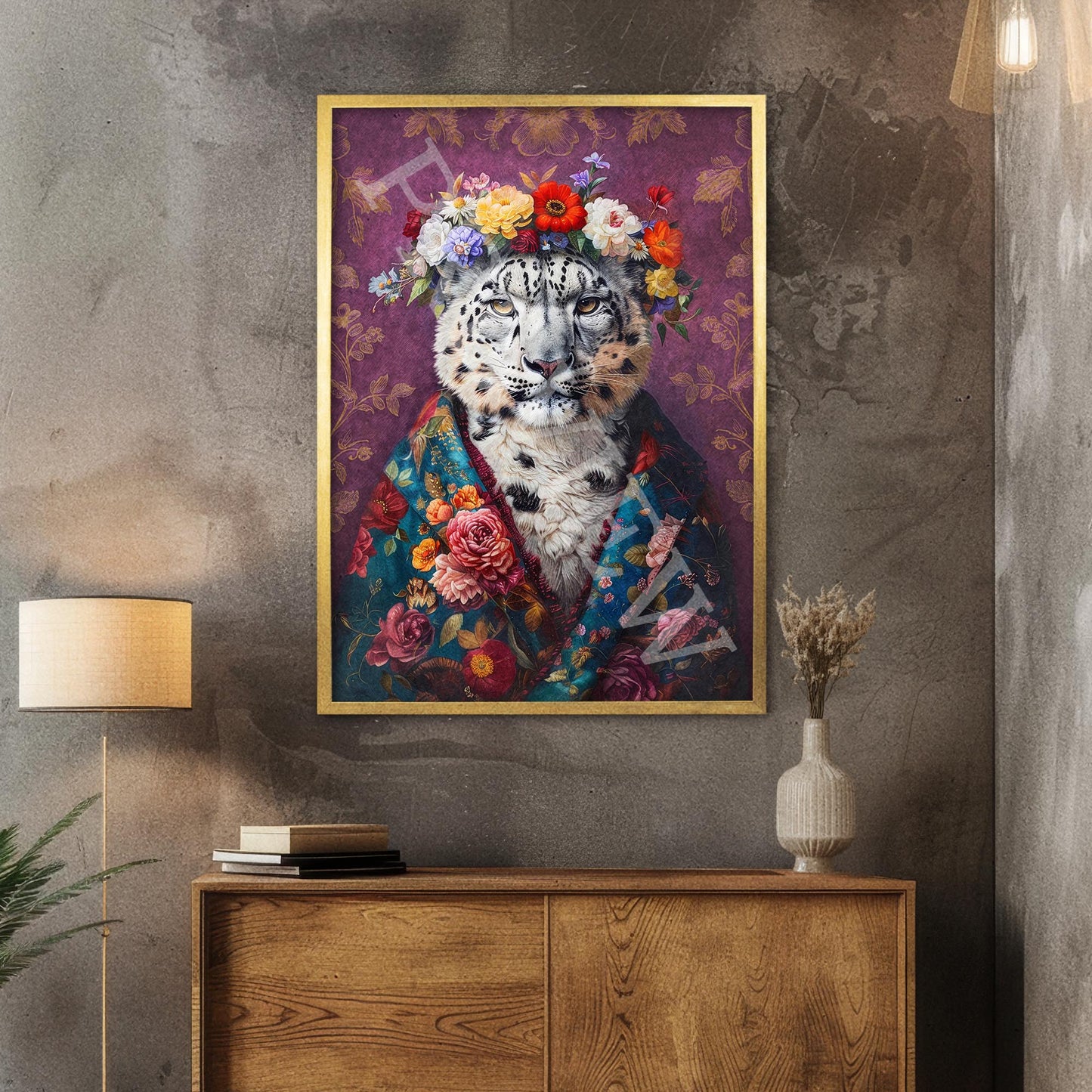 Snow Leopard Floral Maximalist Wall Art Print Gold Frame by Vintage Panda Designs