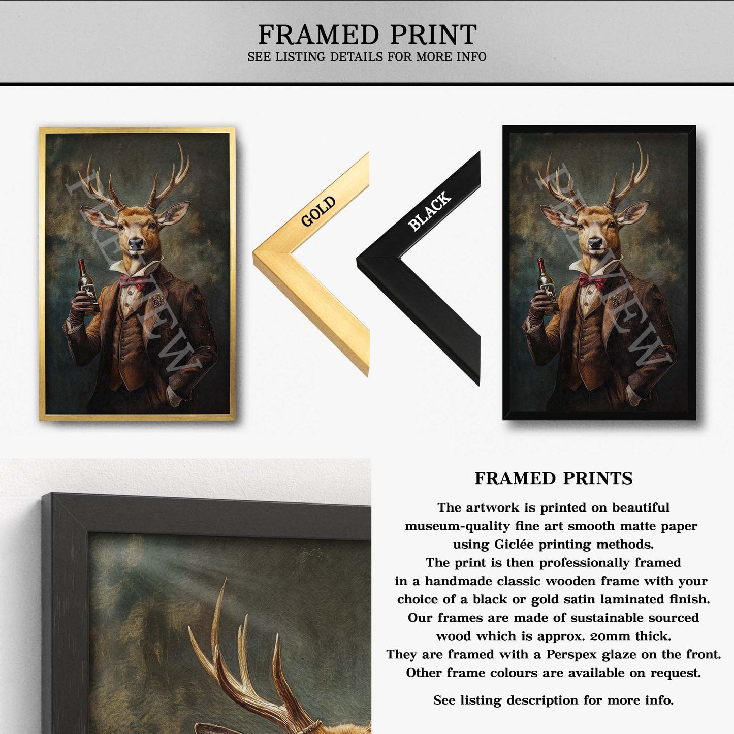 Stag Drinking Wine Print Framed Print - Vintage Panda Designs