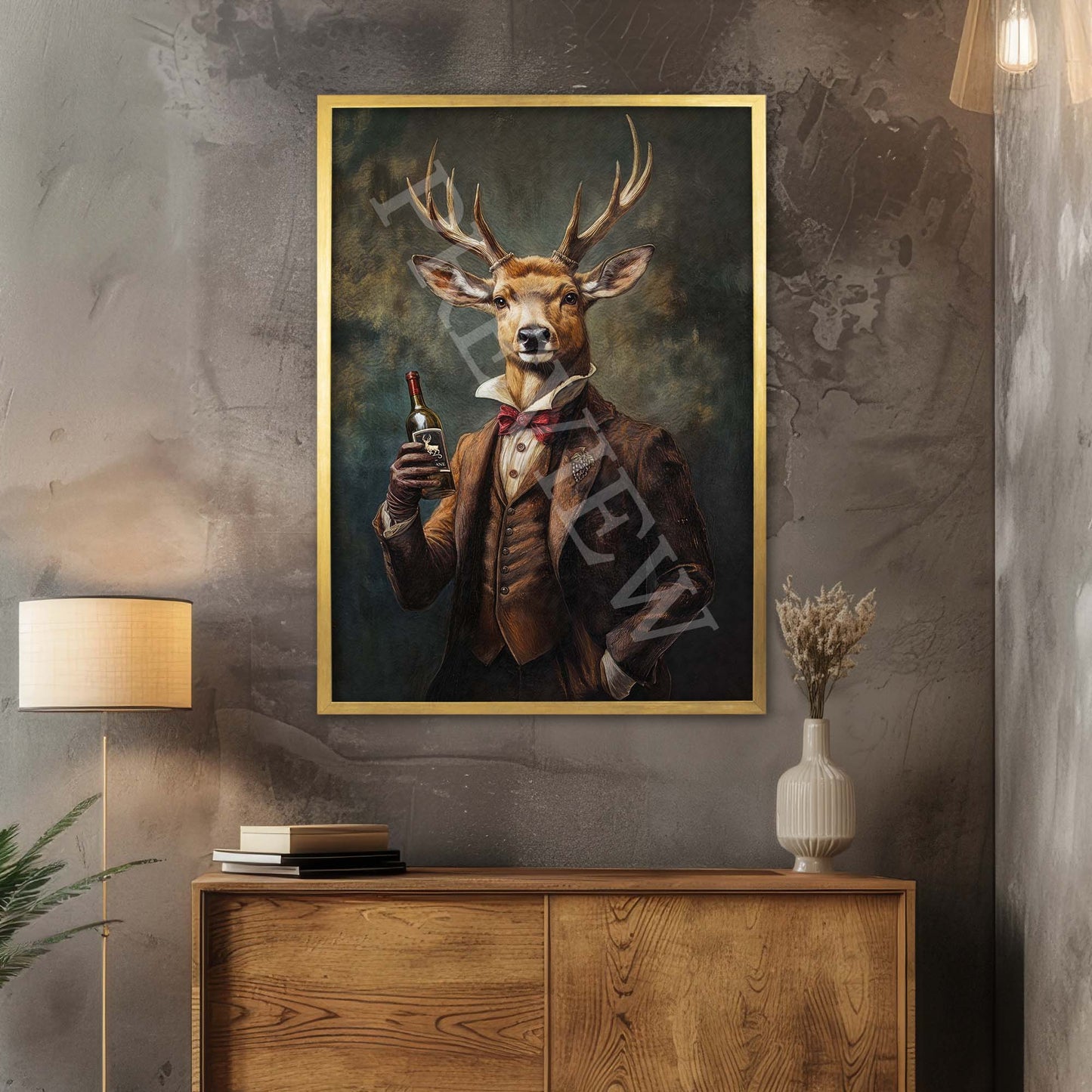 Stag Drinking Wine Print Gold Frame - Vintage Panda Designs