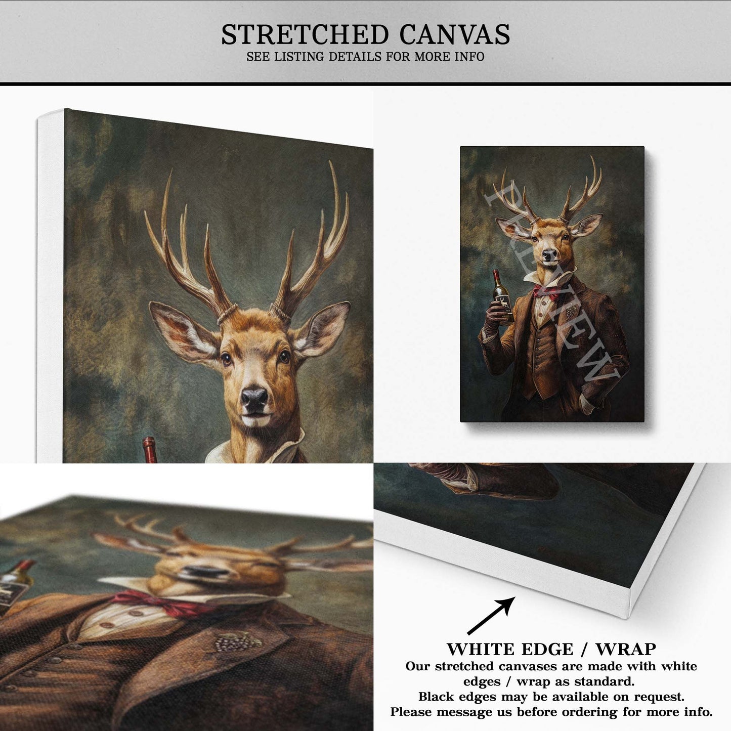 Stag Drinking Wine Print Stretched Canvas - Vintage Panda Designs