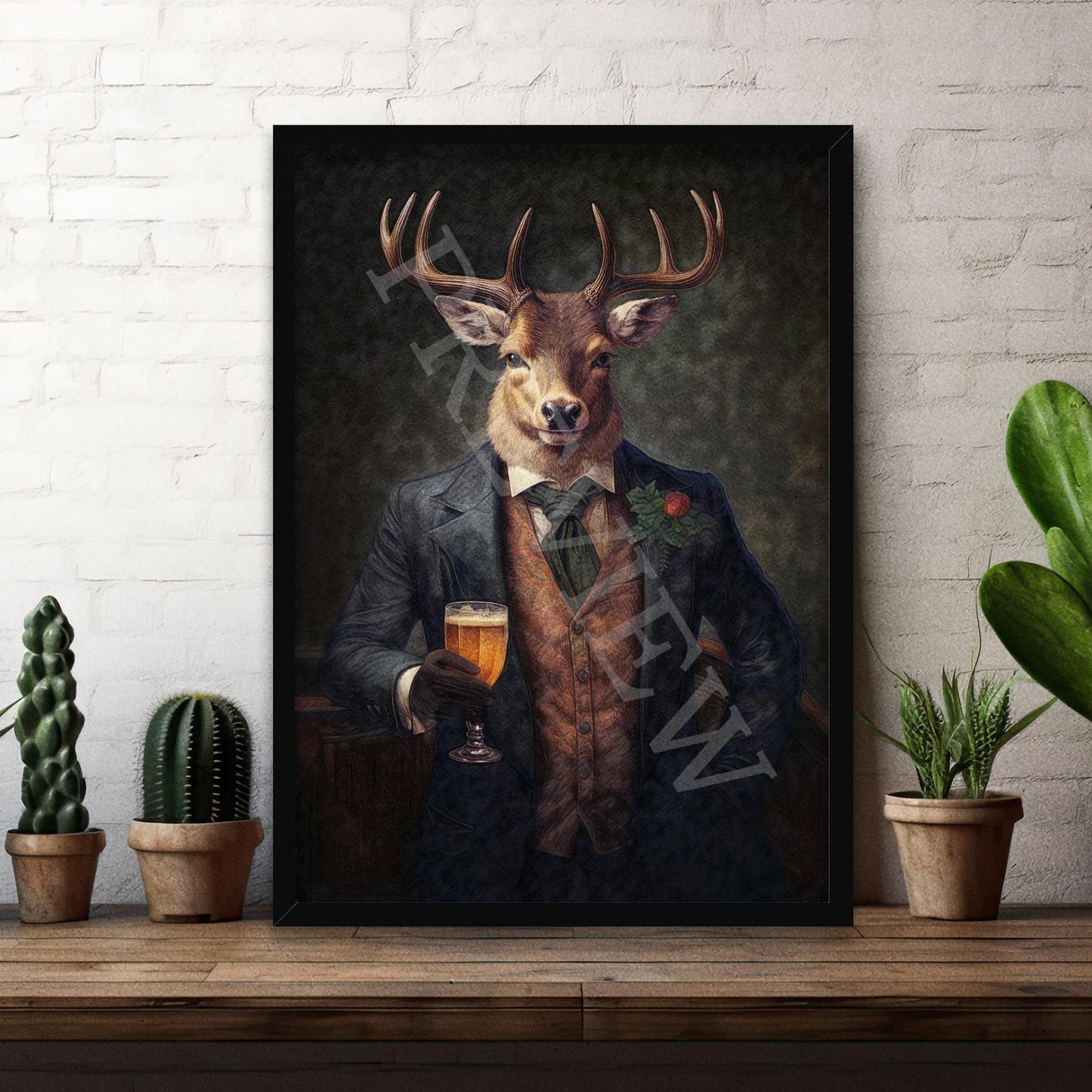Stag_Gentleman_with_Beer_Black_Frame_-_Vintage_Panda_Designs