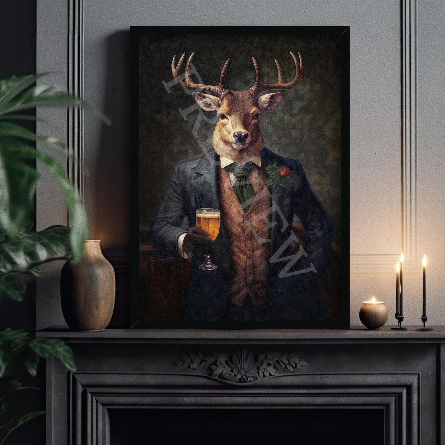 Stag_Gentleman_with_Beer_Black_Frame_1_-_Vintage_Panda_Designs