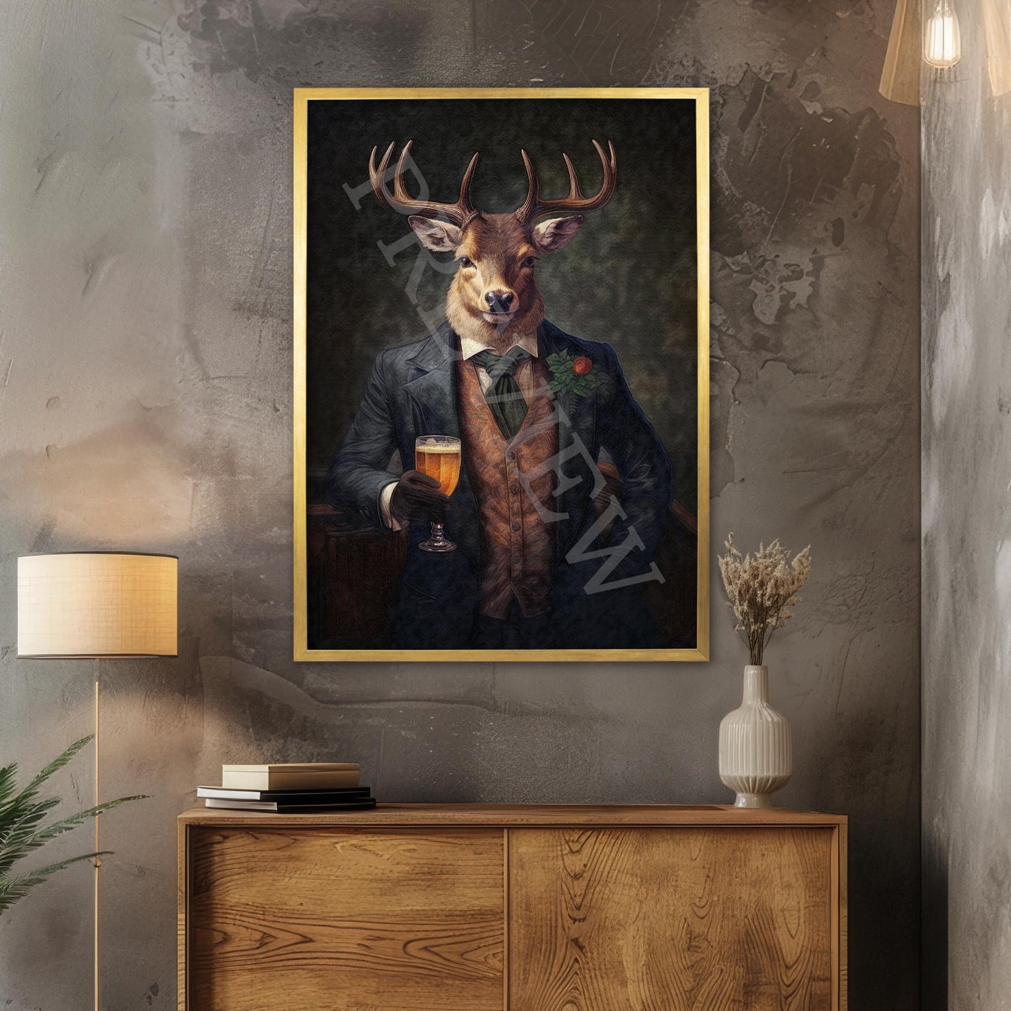 Stag_Gentleman_with_Beer_Gold_Frame_-_Vintage_Panda_Designs