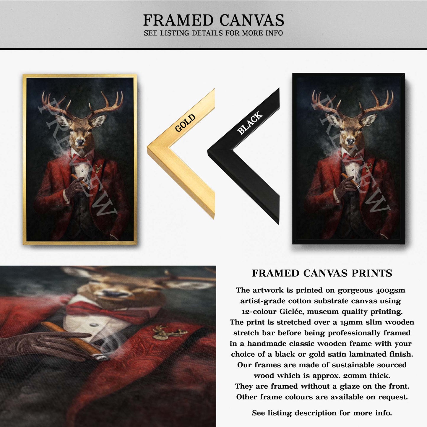 Stag with Cigar Wall Art Framed Canvas - Vintage Panda Designs