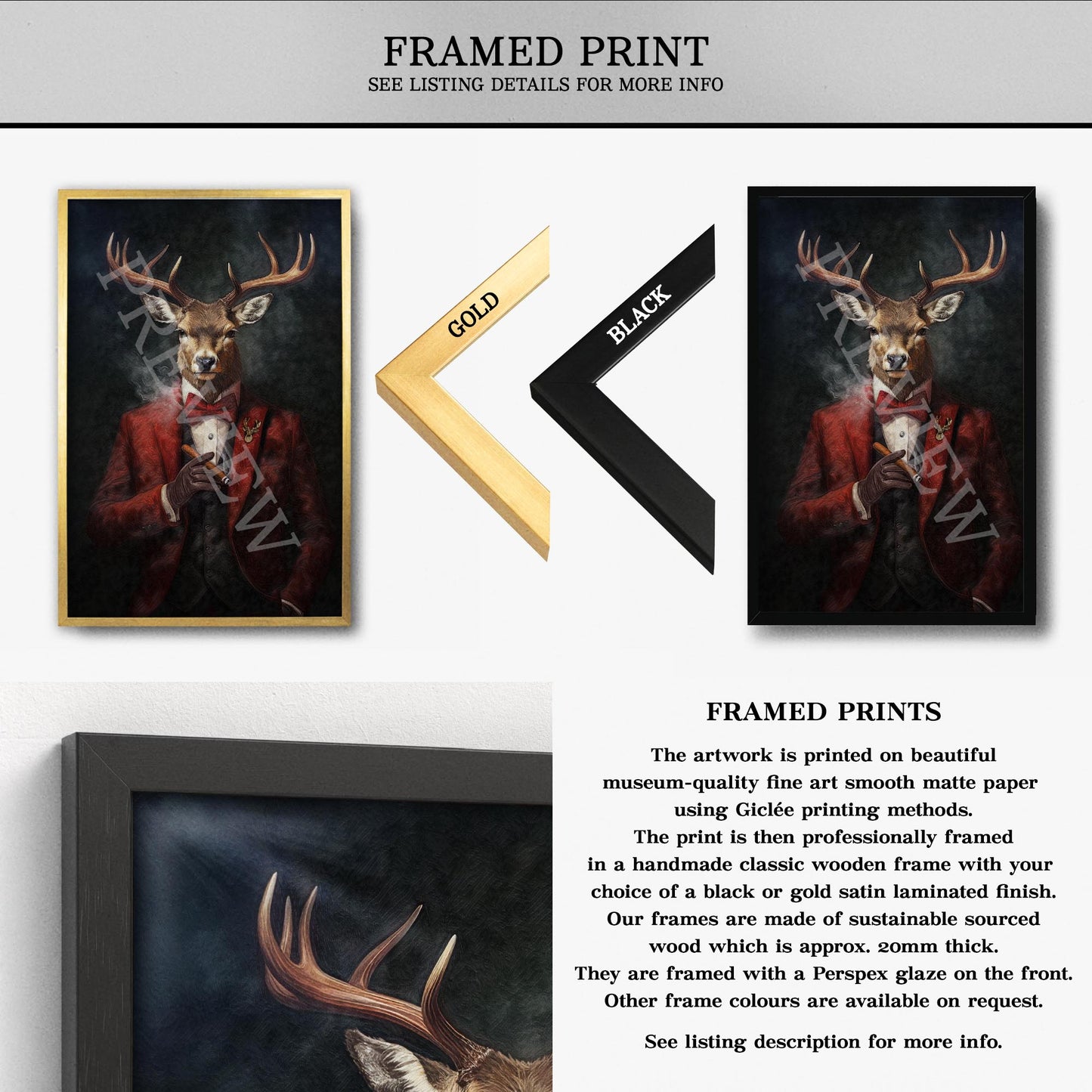 Stag with Cigar Wall Art Framed Print - Vintage Panda Designs