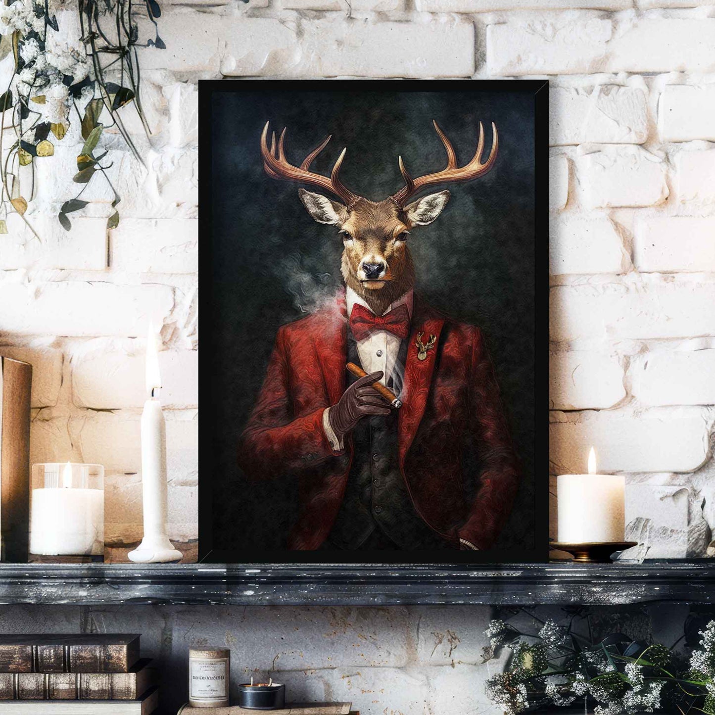 Stag with Cigar Wall Art Print Black Frame - Vintage Panda Designs