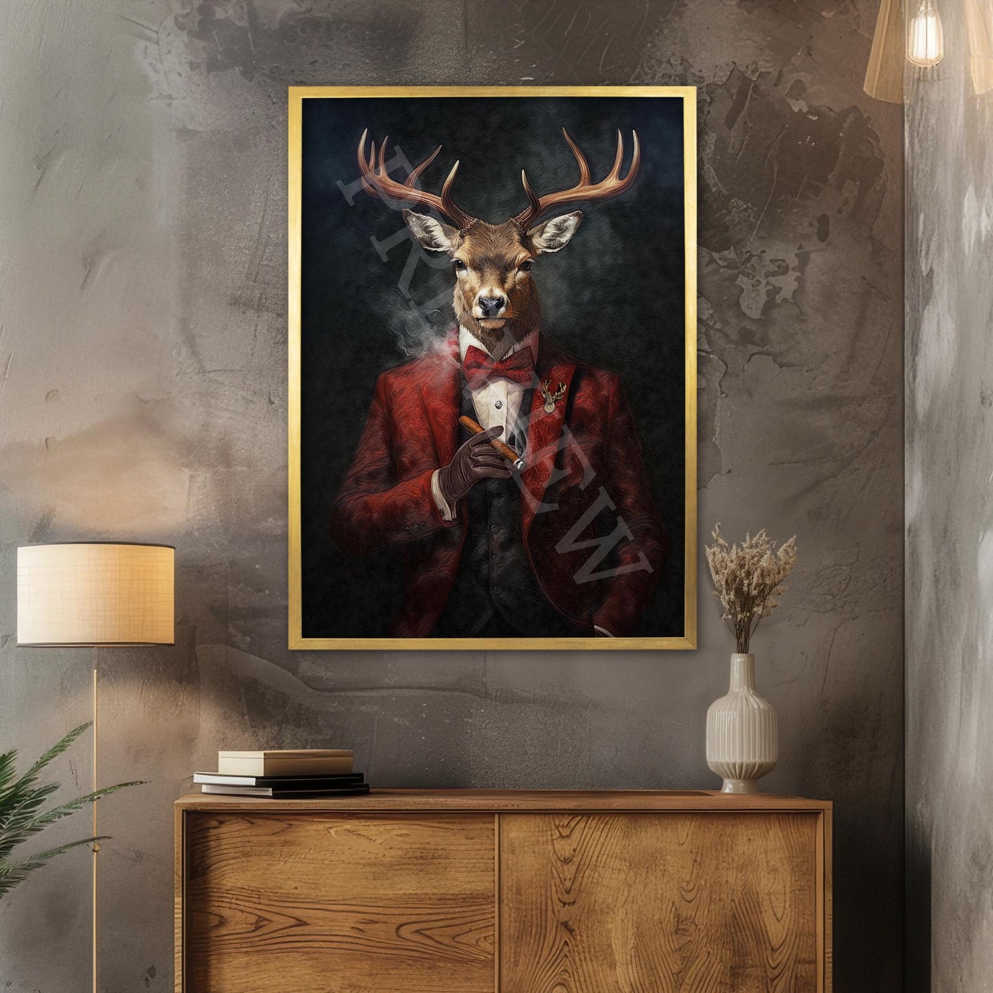 Stag with Cigar Wall Art Print Gold Frame - Vintage Panda Designs