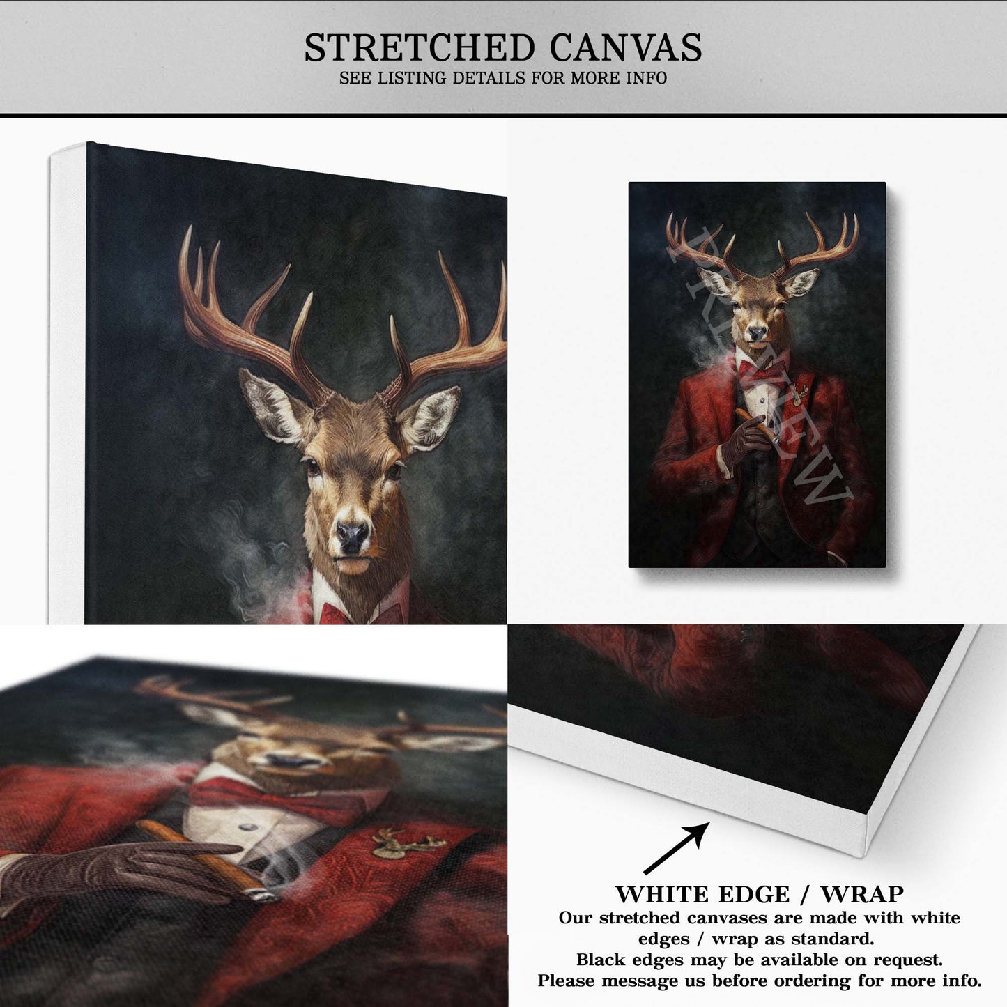 Stag with Cigar Wall Art Stretched Canvas - Vintage Panda Designs