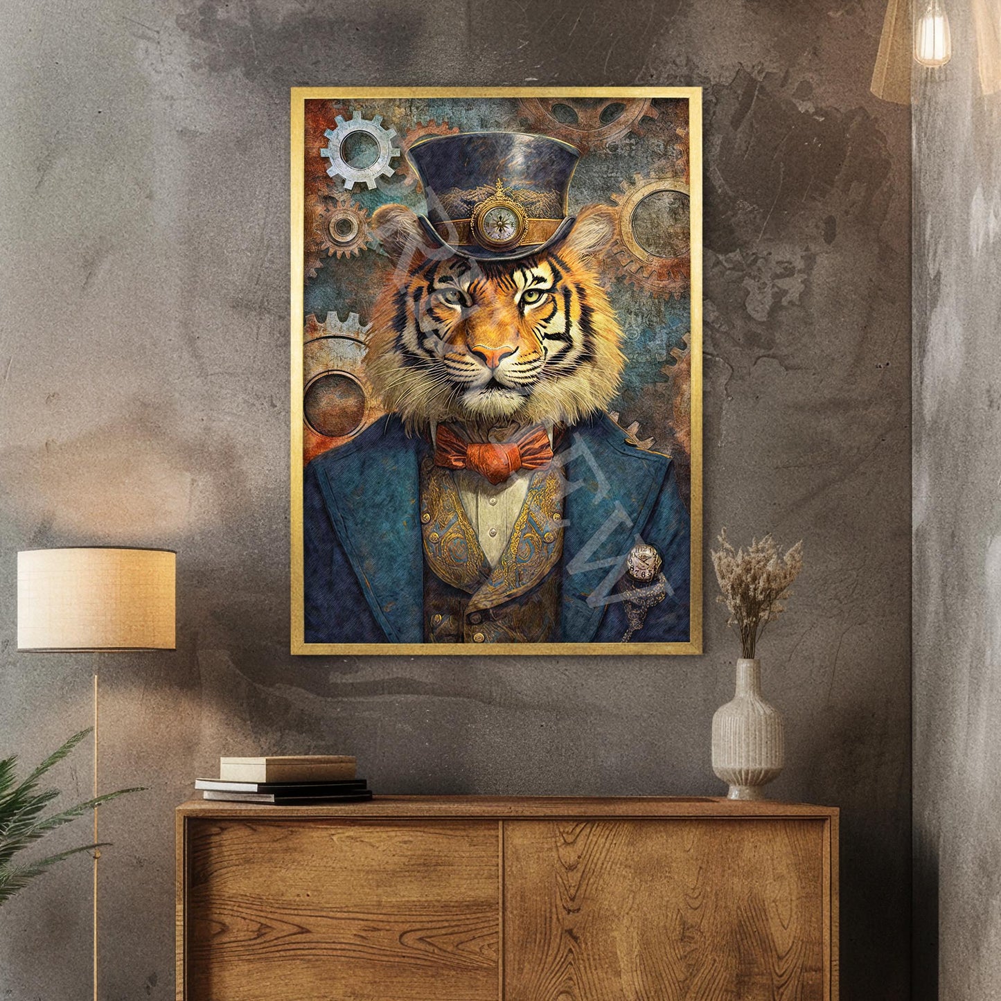 Steampunk_Tiger_Gold_Frame_-_Vintage_Panda_Designs