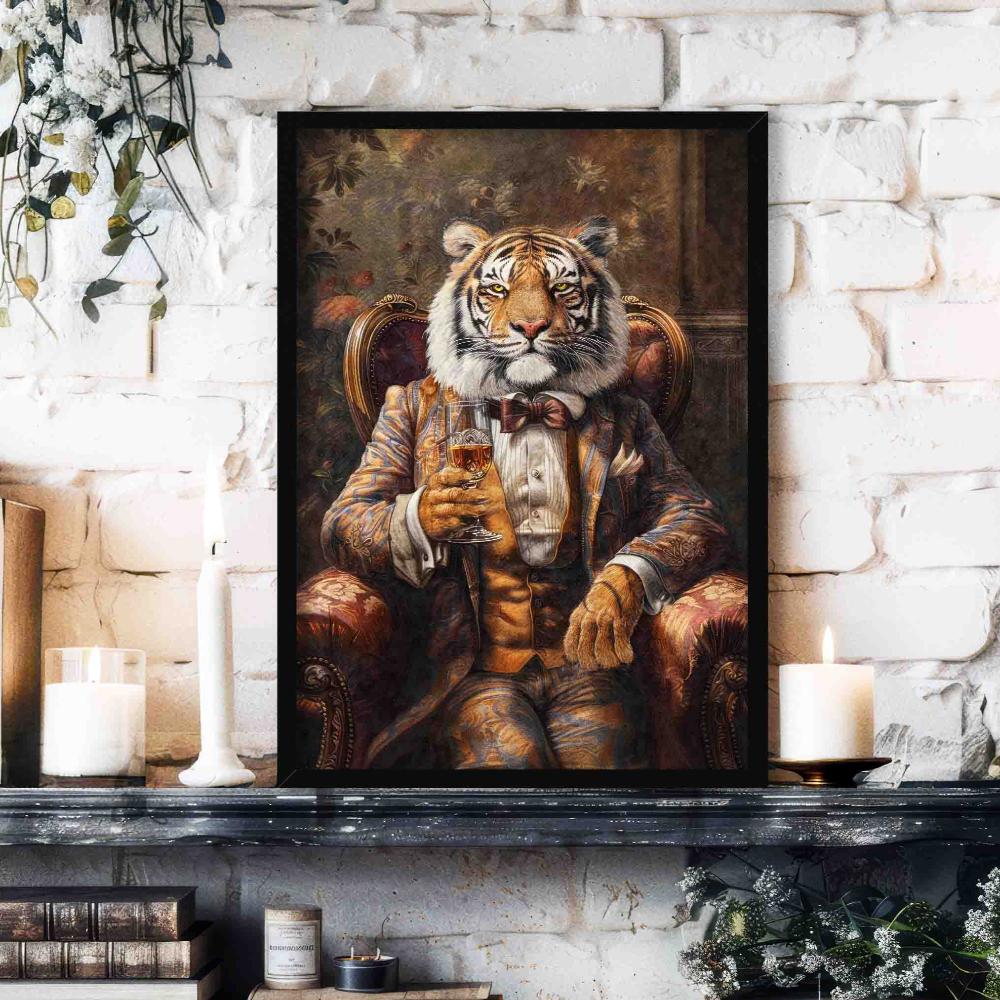 Tiger Drinking Whisky Print Black Frame by Vintage Panda Designs