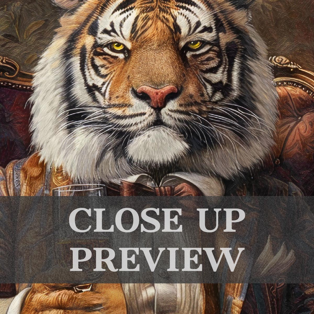 Tiger Drinking Whisky Print Close Up by Vintage Panda Designs