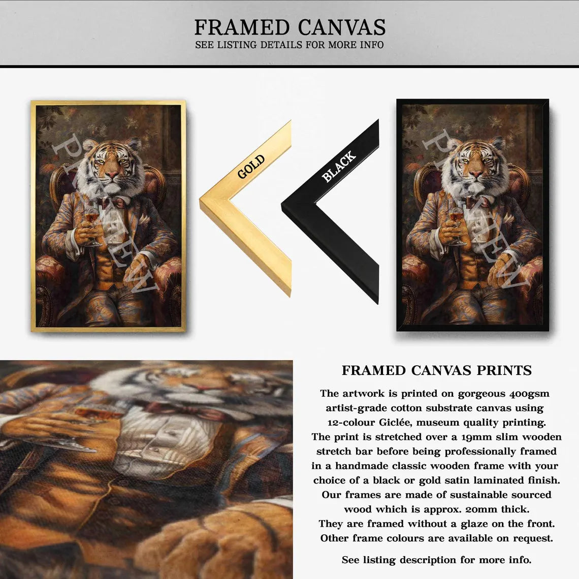 Tiger Drinking Whisky Print Framed Canvas by Vintage Panda Designs