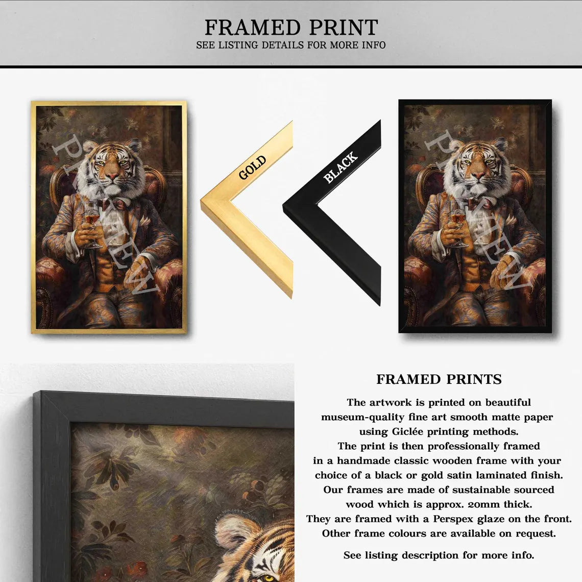 Tiger Drinking Whisky Print Framed Print by Vintage Panda Designs