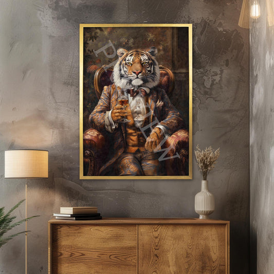 Tiger Drinking Whisky Print Gold Frame by Vintage Panda Designs