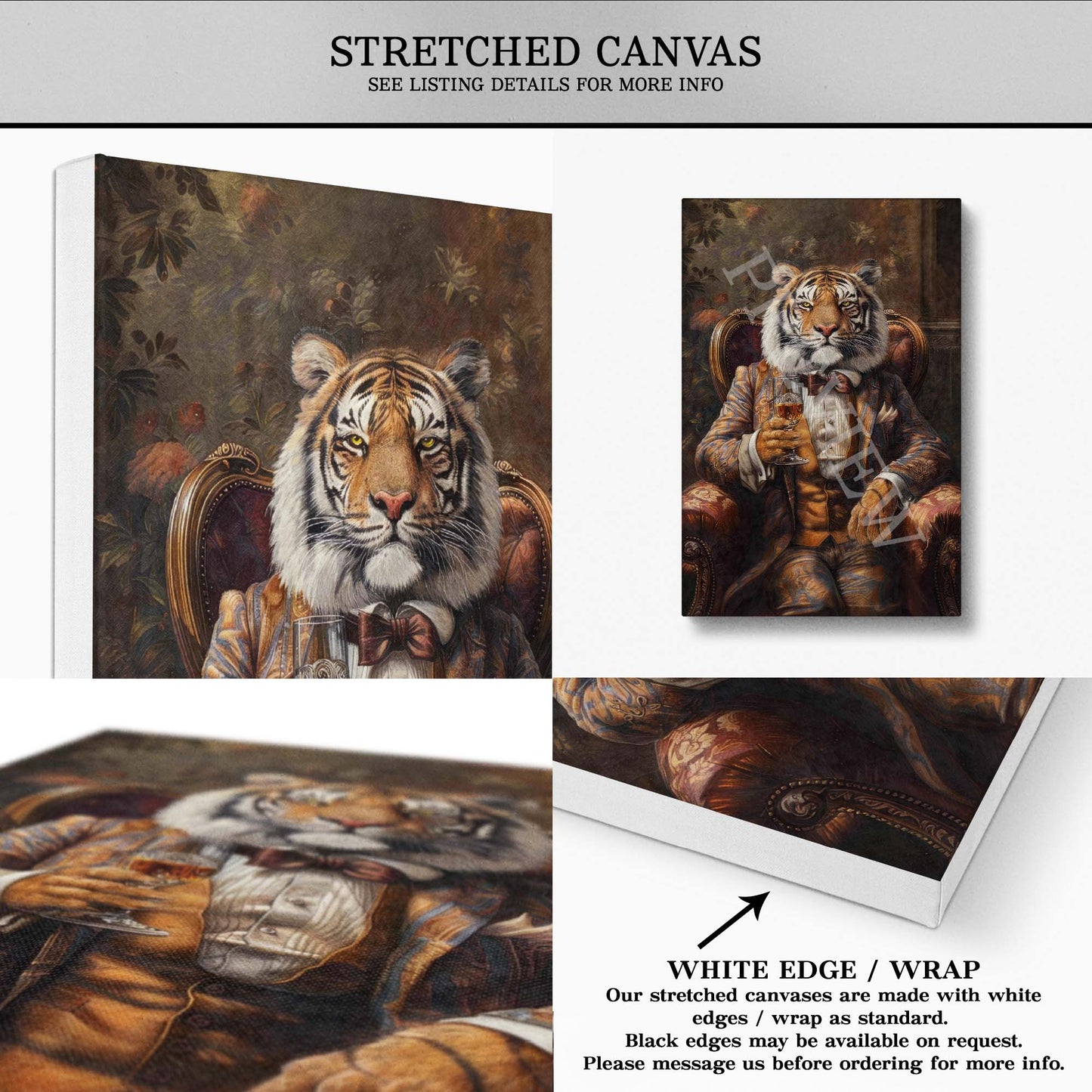 Tiger Drinking Whisky Print Stretched Canvas by Vintage Panda Designs