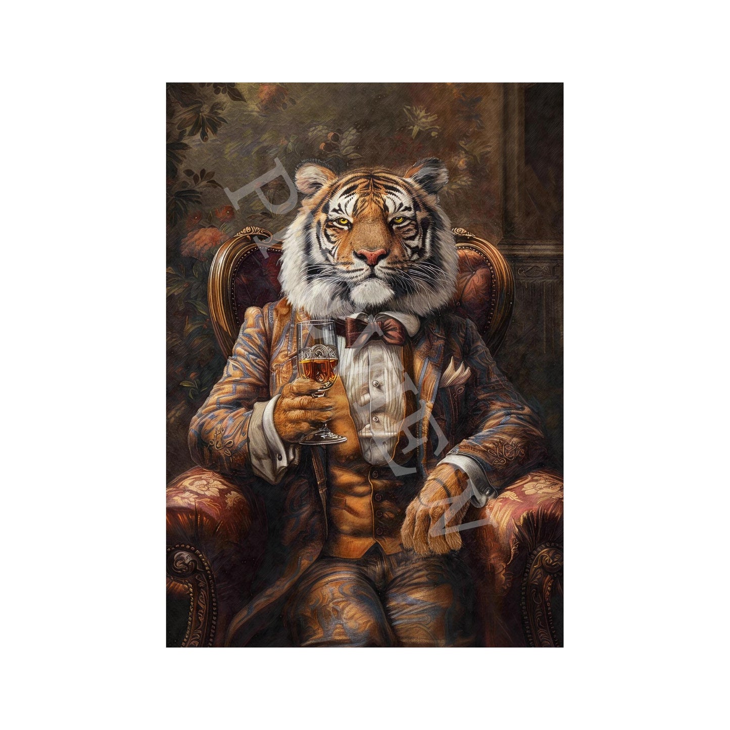 Tiger Drinking Whisky Print by Vintage Panda Designs