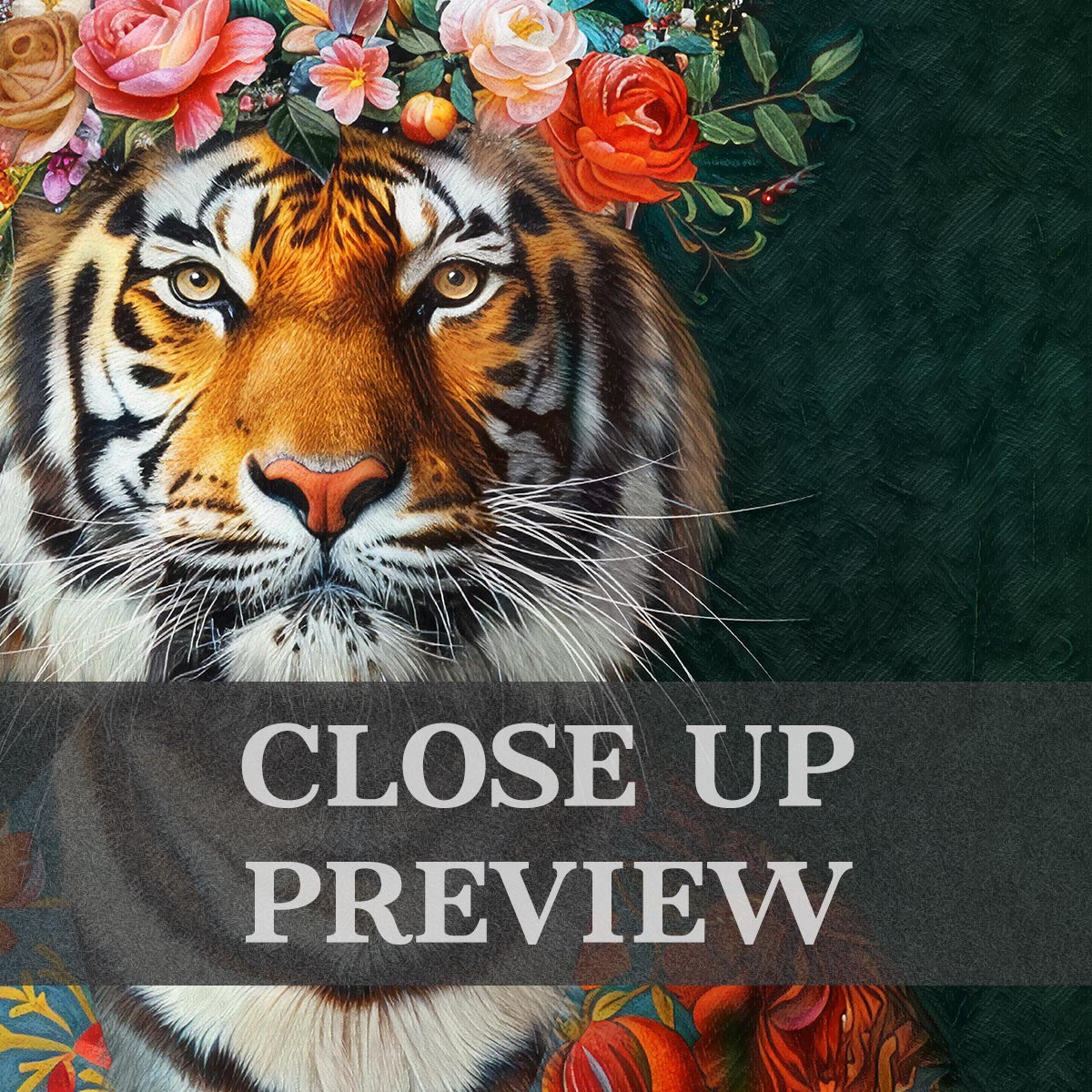 Tiger Floral Maximalist Wall Art Print Close Up by Vintage Panda Designs