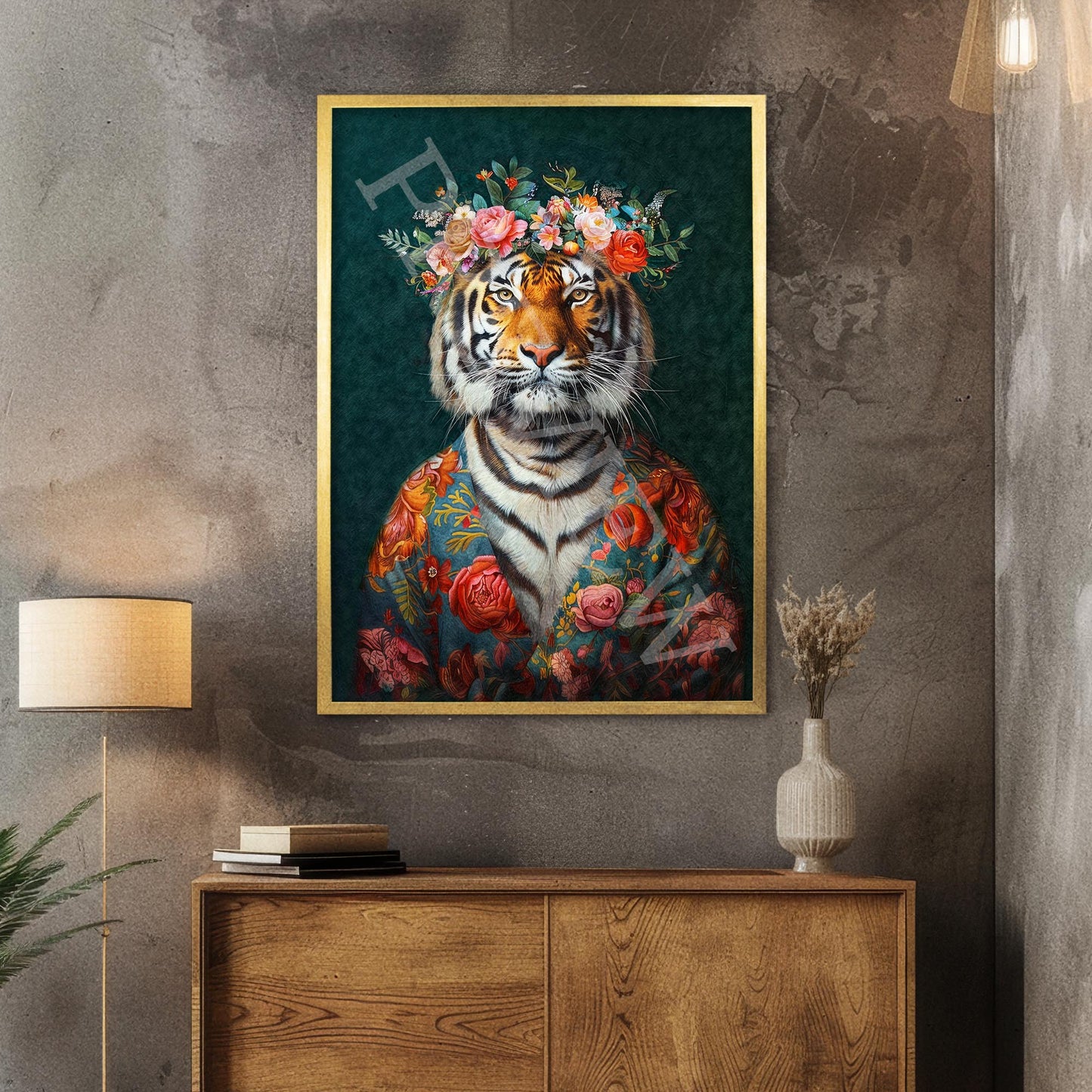 Tiger Floral Maximalist Wall Art Print Gold Frame by Vintage Panda Designs