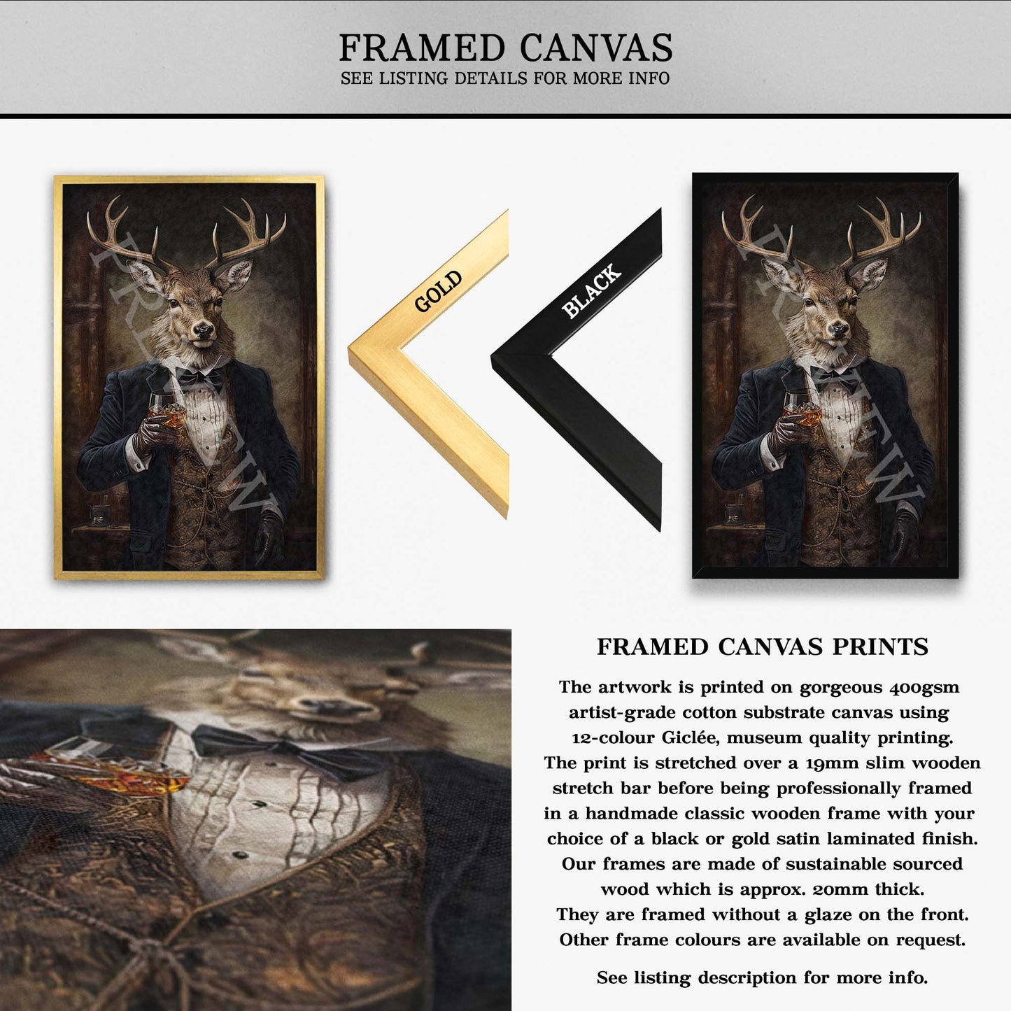 Vintage Stag Drinking Whisky Framed Canvas - Vintage Panda Designs