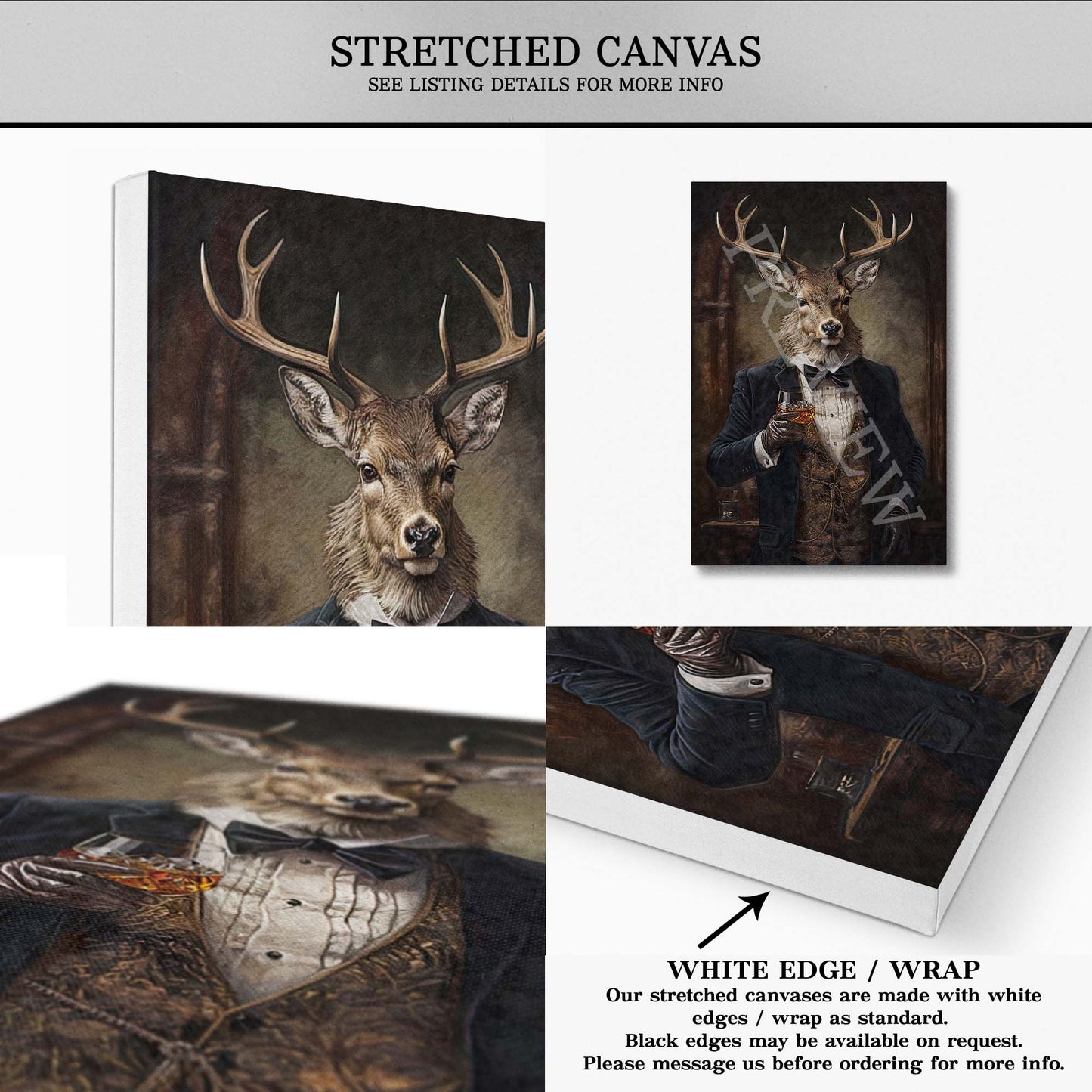 Vintage Stag Drinking Whisky Stretched Canvas - Vintage Panda Designs