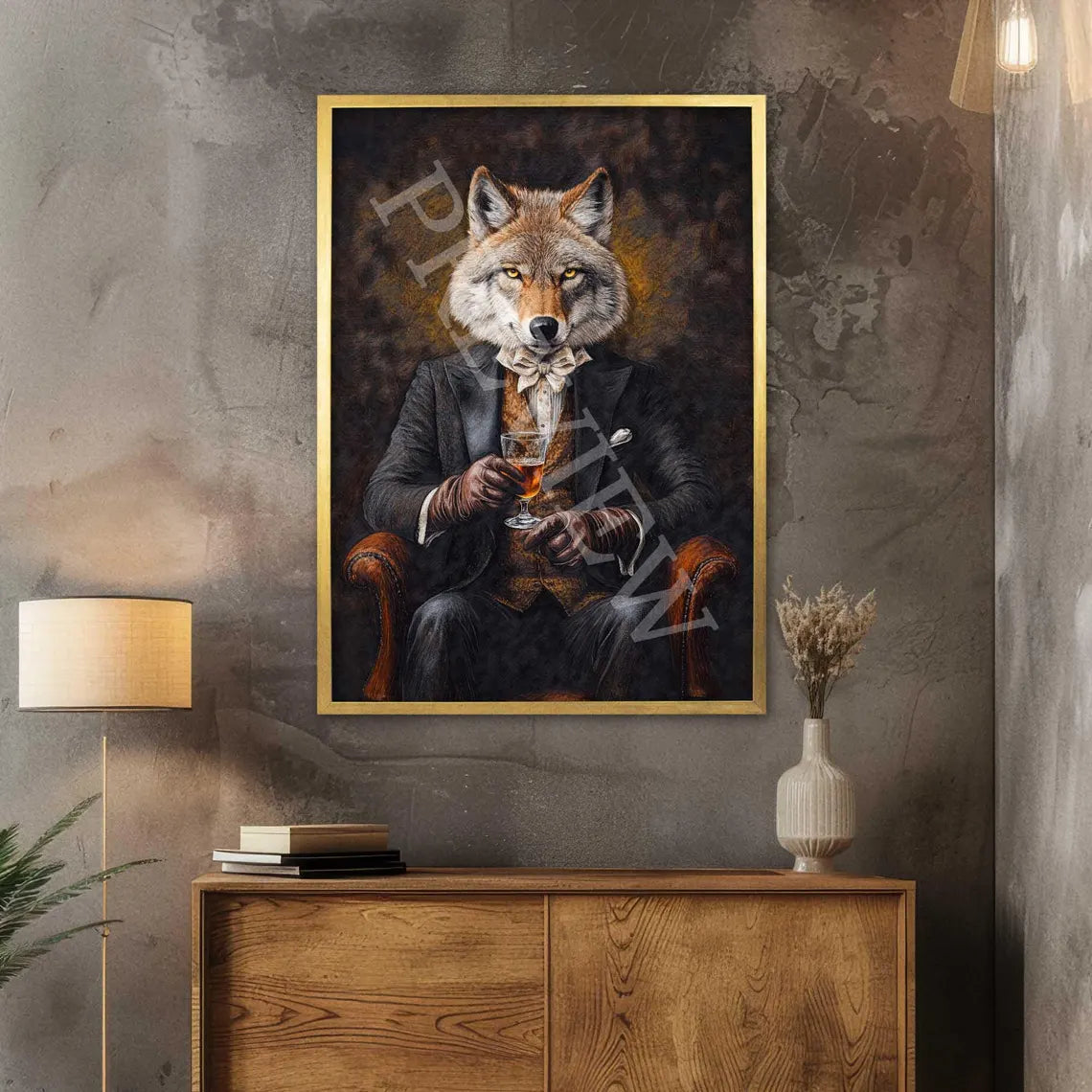 Wolf Drinking Whisky Print Gold Frame by Vintage Panda Designs