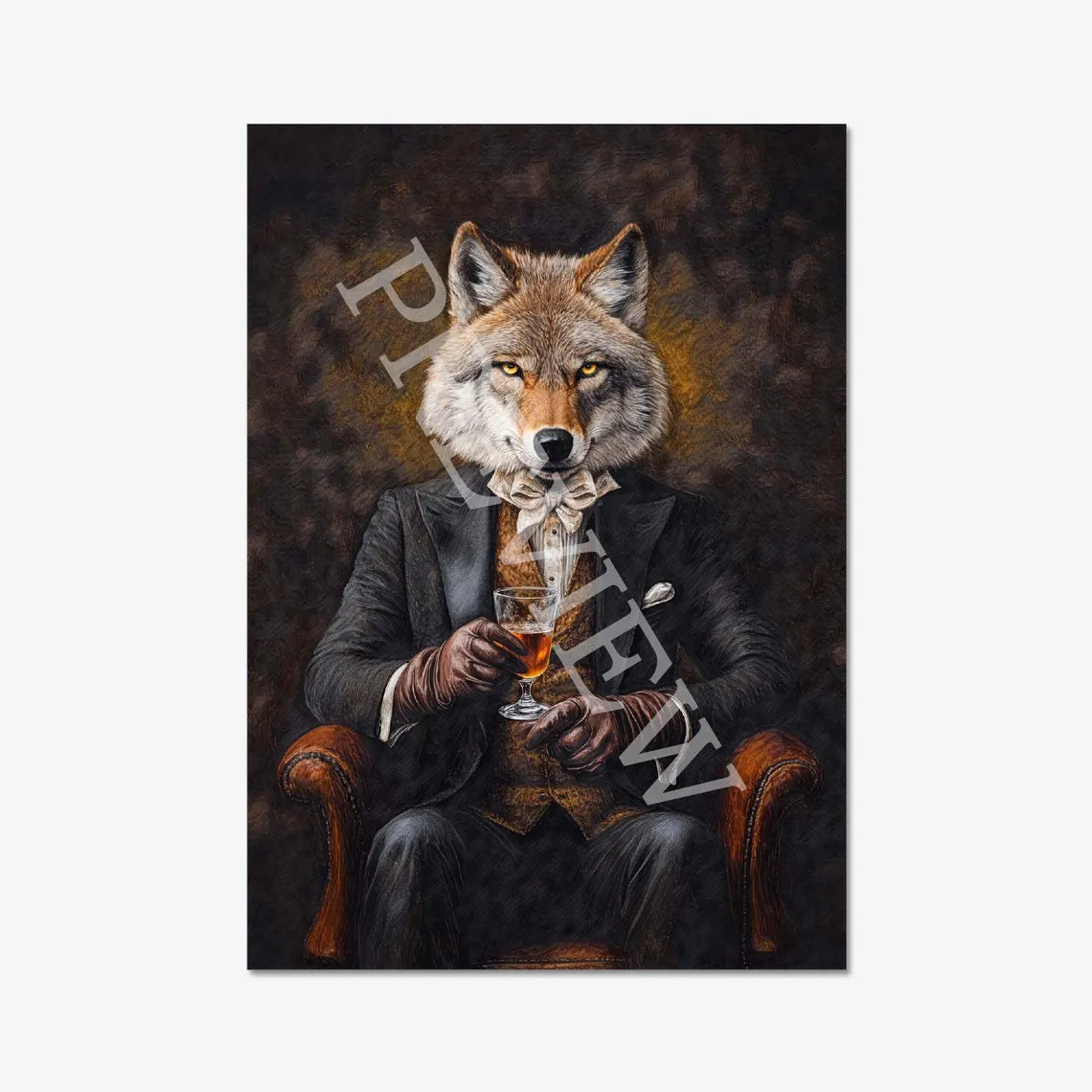 Wolf Drinking Whisky Print by Vintage Panda Designs