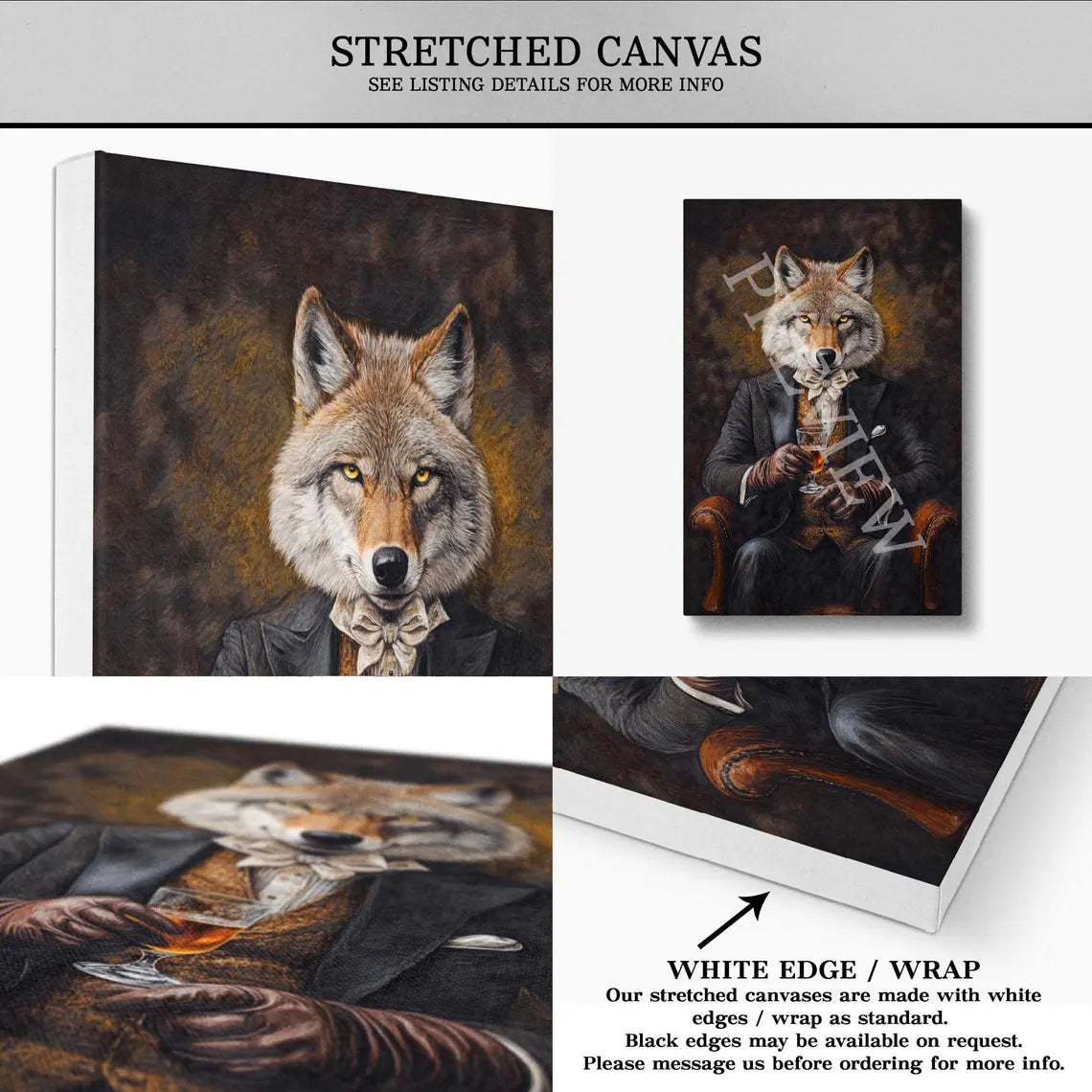Wolf Drinking Whisky Stretched Canvas by Vintage Panda Designs