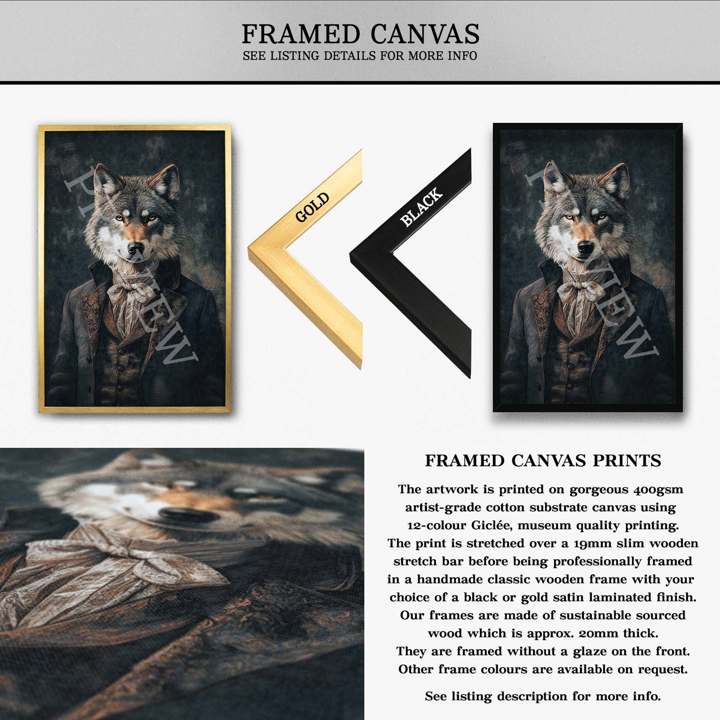 Wolf Gentleman Wall Art Print Framed Canvas by Vintage Panda Designs