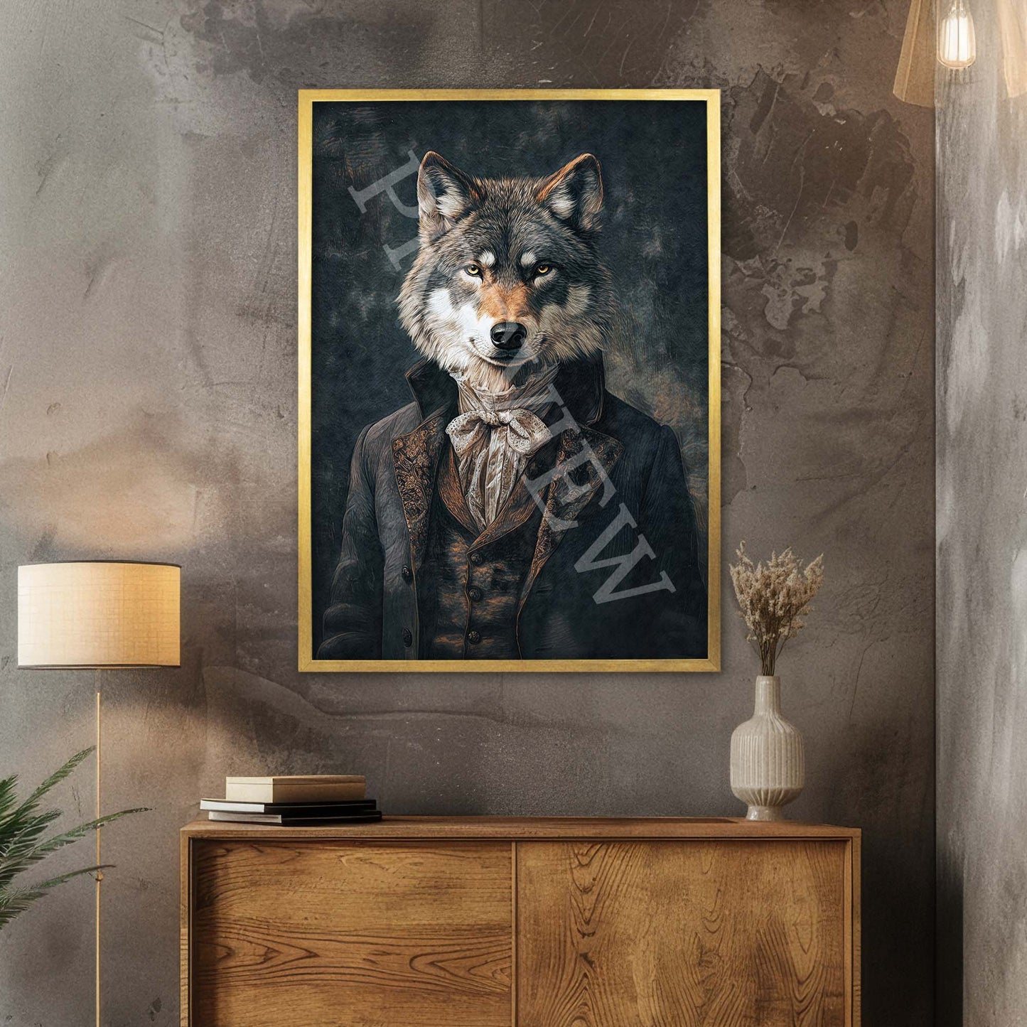 Wolf Gentleman Wall Art Print in Gold Frame by Vintage Panda Designs