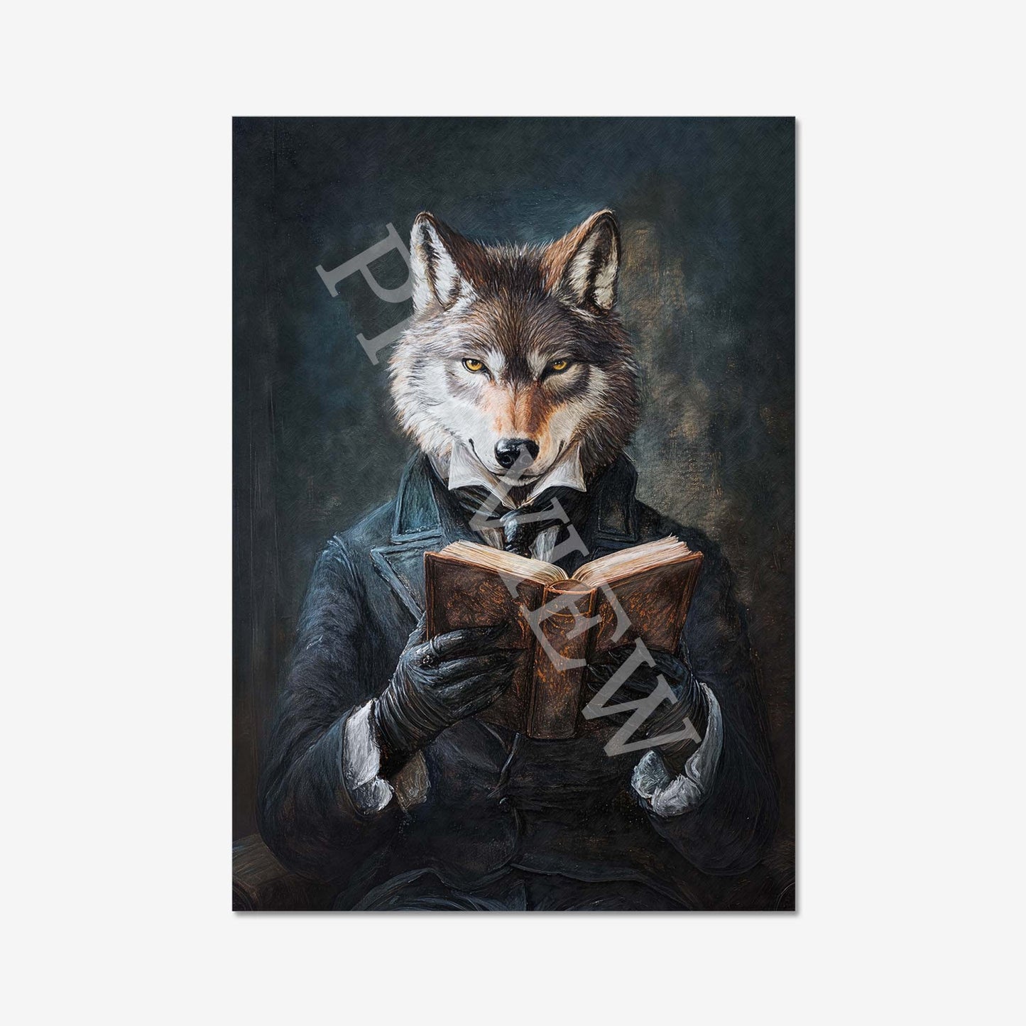 Wolf Reading Book Art Print Only - Vintage Panda Designs