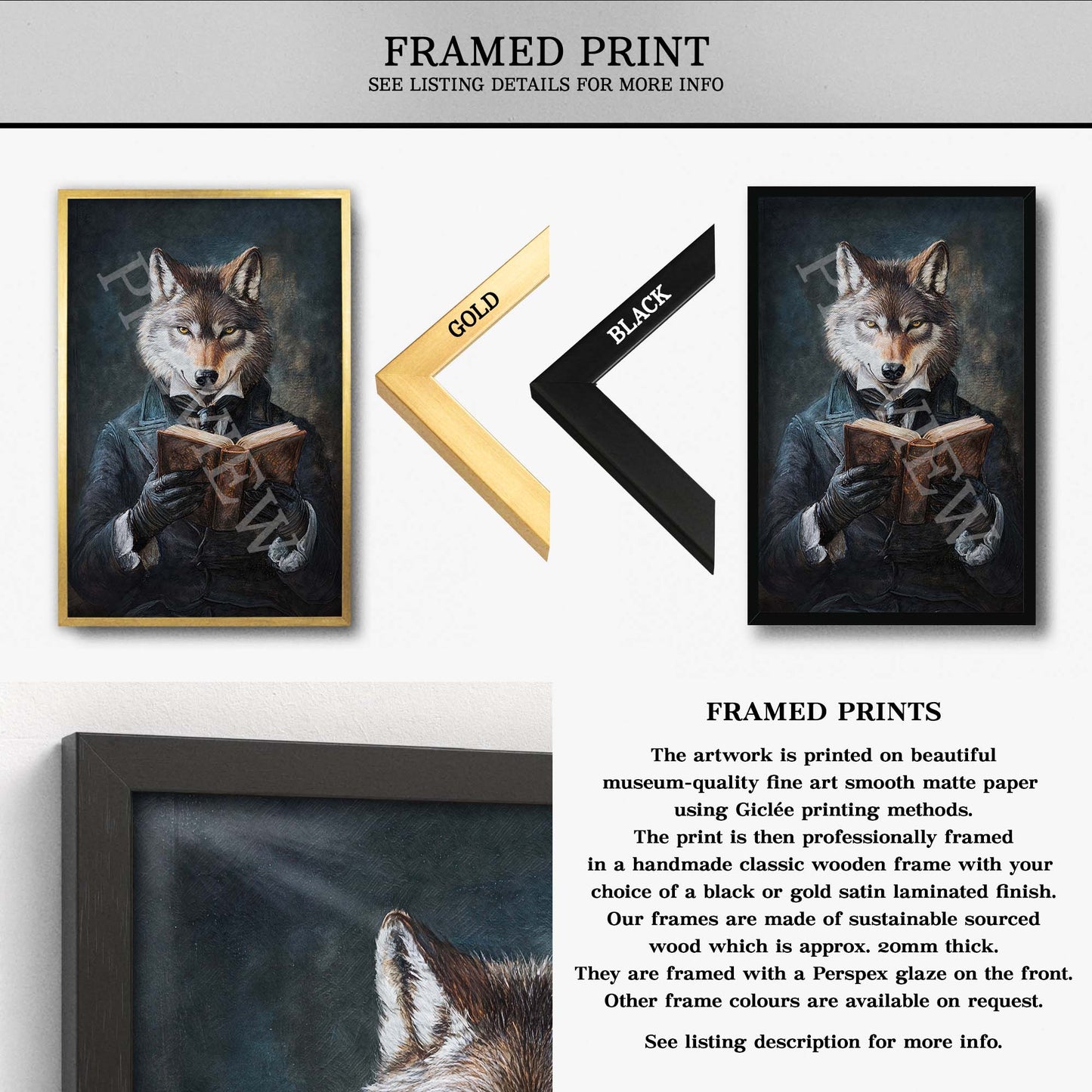 Wolf_Reading_Book_Framed_Print_-_Vintage_Panda_Designs