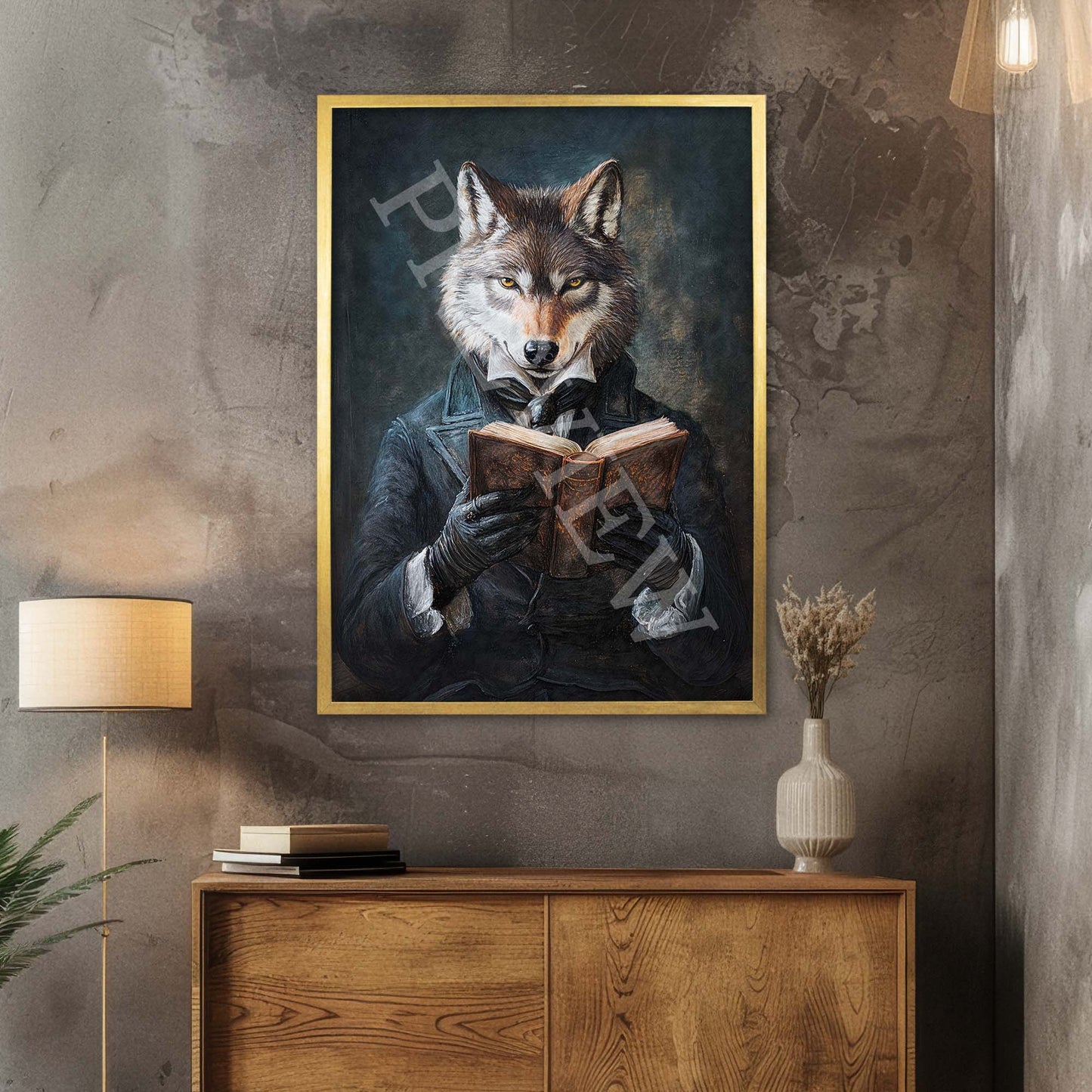 Wolf Reading Book Gold Frame - Vintage Panda Designs