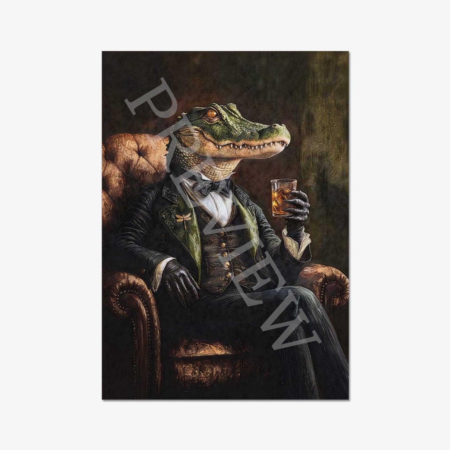 Alligator Drinking Whisky Wall Art Print  by Vintage Panda Designs