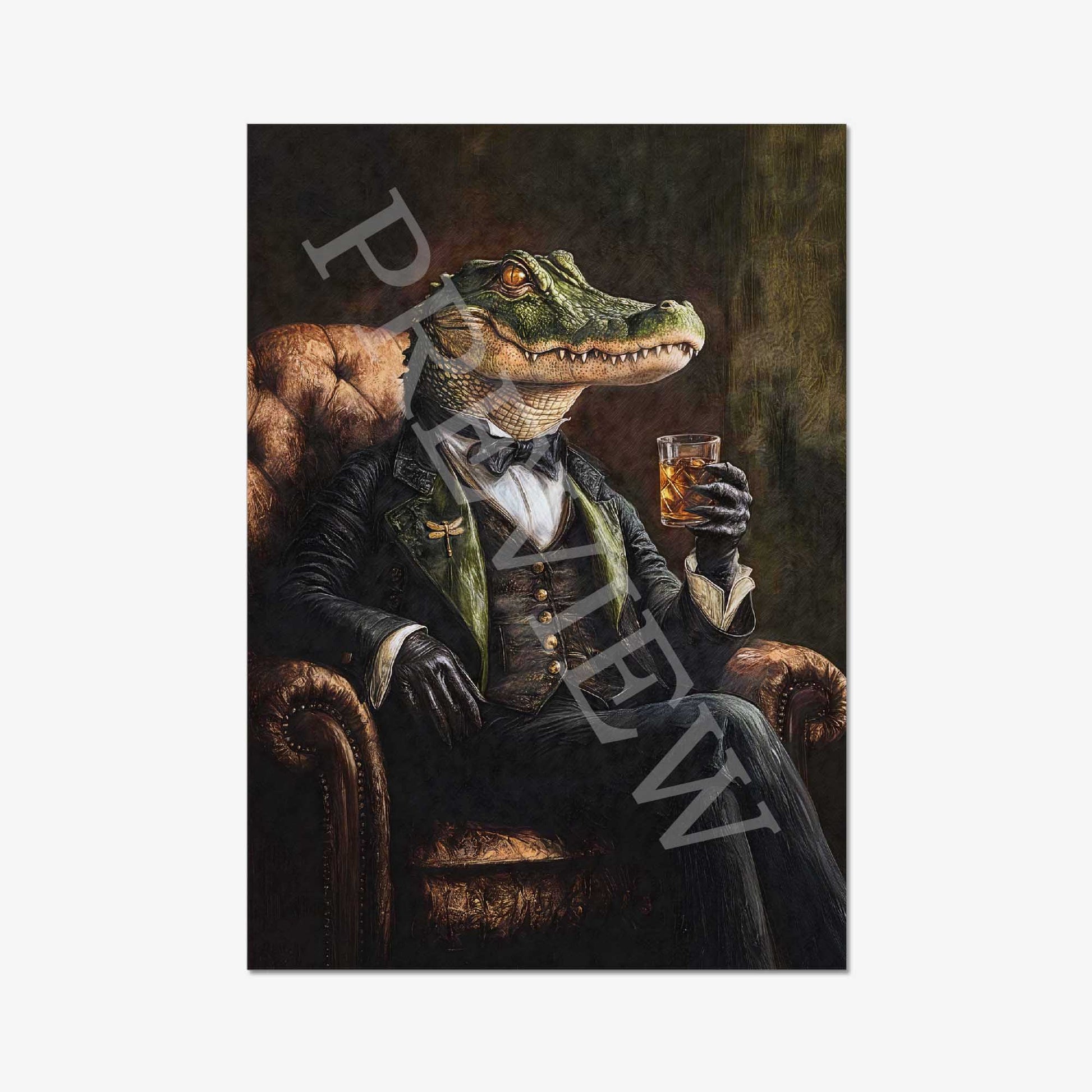 Alligator Drinking Whisky Wall Art Print  by Vintage Panda Designs