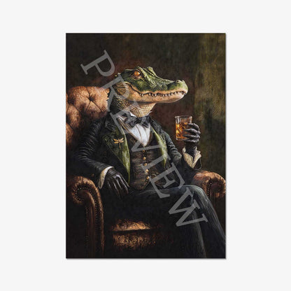 Alligator Drinking Whisky Wall Art Print  by Vintage Panda Designs