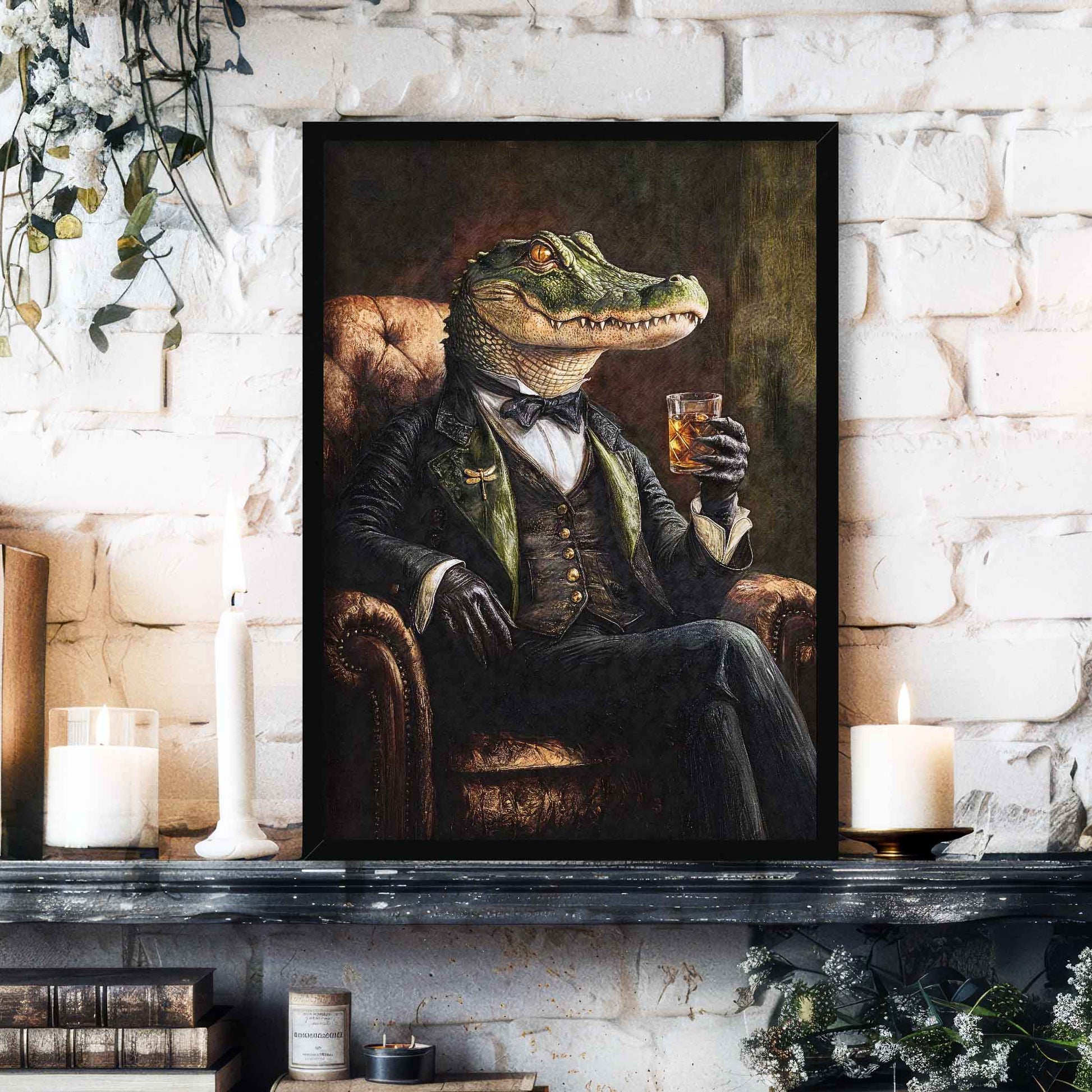 Alligator Drinking Whisky Wall Art Print in Black Frame by Vintage Panda Designs