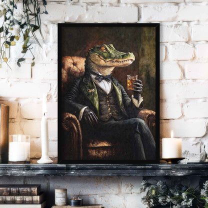 Alligator Drinking Whisky Wall Art Print in Black Frame by Vintage Panda Designs