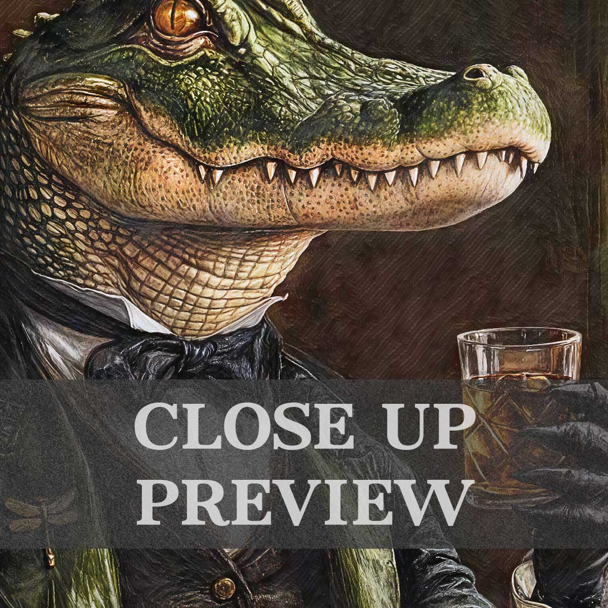 Alligator Drinking Whisky Wall Art Print in Close Up by Vintage Panda Designs