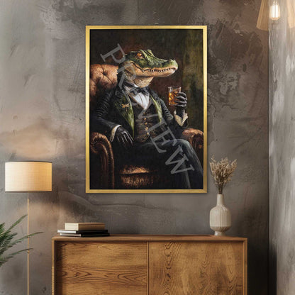 Alligator Drinking Whisky Wall Art Print in Gold Frame by Vintage Panda Designs