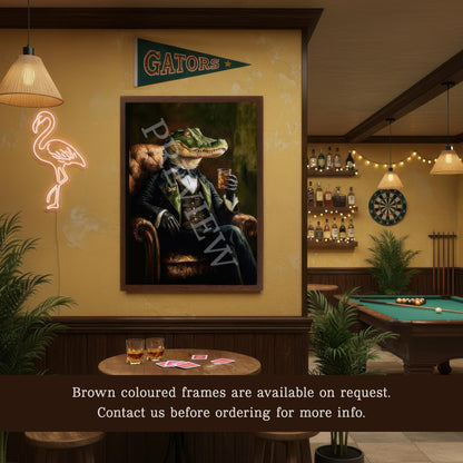 Alligator_Gator_Drinking_Whisky_in_Black_Frame_in_Rustic_Converted_Basement_Games_Room_Bar_Artwork_and_Image_by_and_Copyright_of_Vintage_Panda_Designs