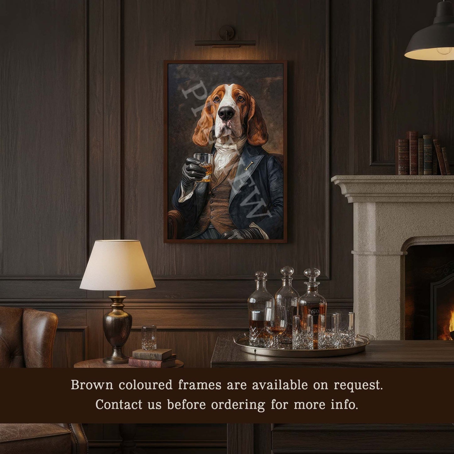 Basset_Hound_Dog_Drinking_Whisky_in_Vintage_Gentleman_s_Suit_in_Brown_Wood_Frame_in_Vintage_Steakeasy_Lounge_Bar_Area_Artwork_and_Image_by_and_Copyright_of_Vintage_Panda_Designs
