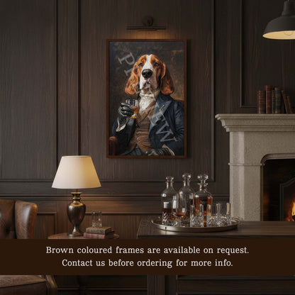 Basset_Hound_Dog_Drinking_Whisky_in_Vintage_Gentleman_s_Suit_in_Brown_Wood_Frame_in_Vintage_Steakeasy_Lounge_Bar_Area_Artwork_and_Image_by_and_Copyright_of_Vintage_Panda_Designs