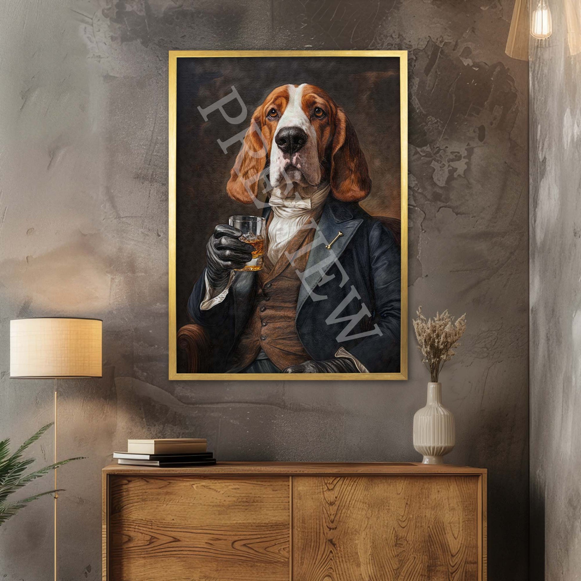 Basset_Hound_Dog_with_Whisky_Gold_Frame_by_Vintage_Panda_Designs