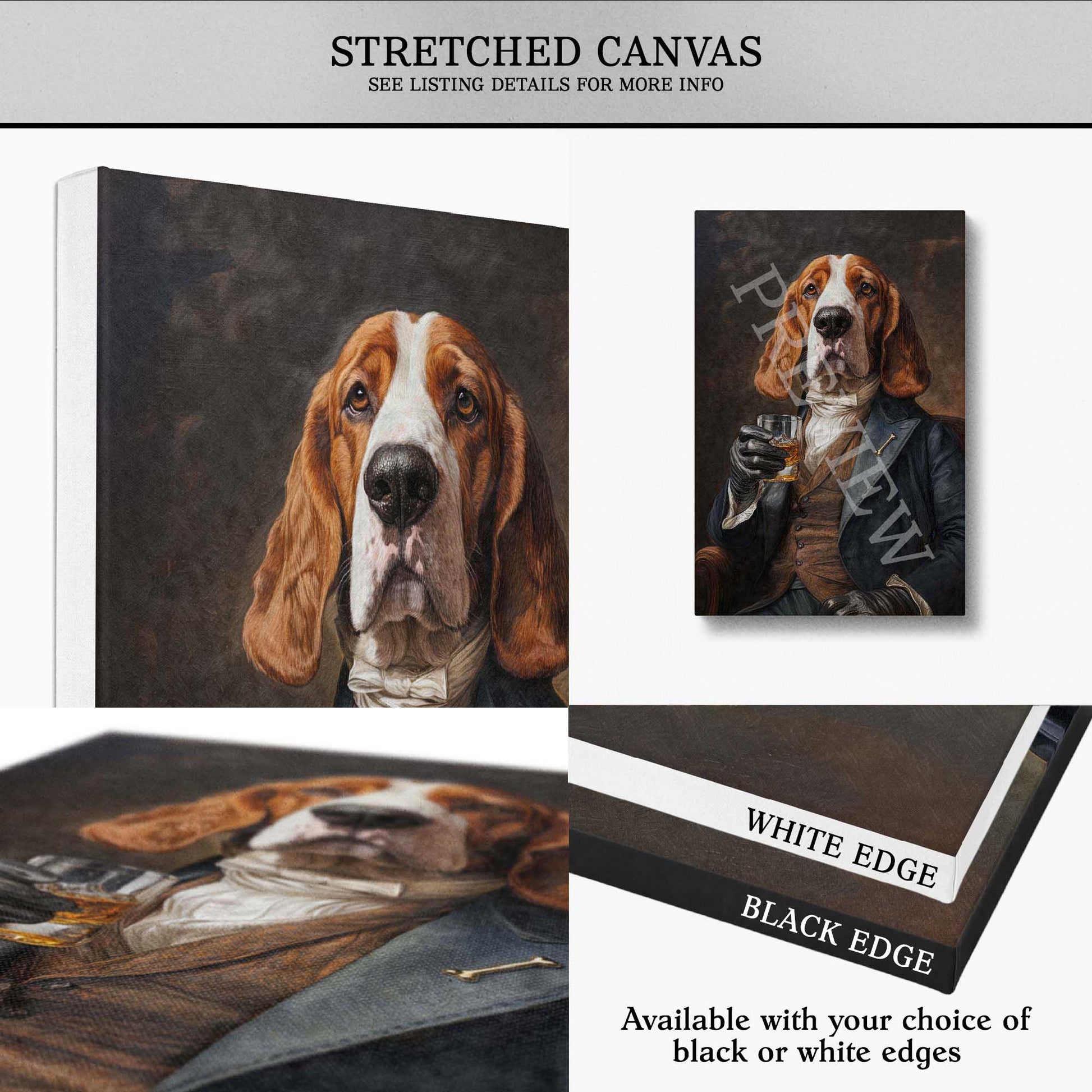 Collage of dog portraits with text about stretched canvas options.