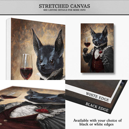A collage showing a stretched canvas print of a black bat dressed in historical clothing holding a glass of red wine, with text noting available black and white edges.