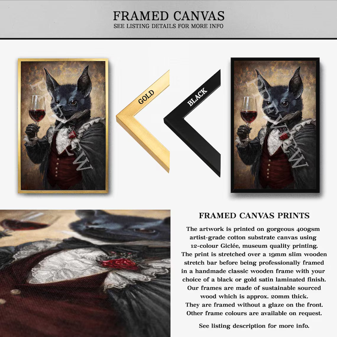 Bat Gentleman Red Wine Framed Canvas by Vintage Panda Designs